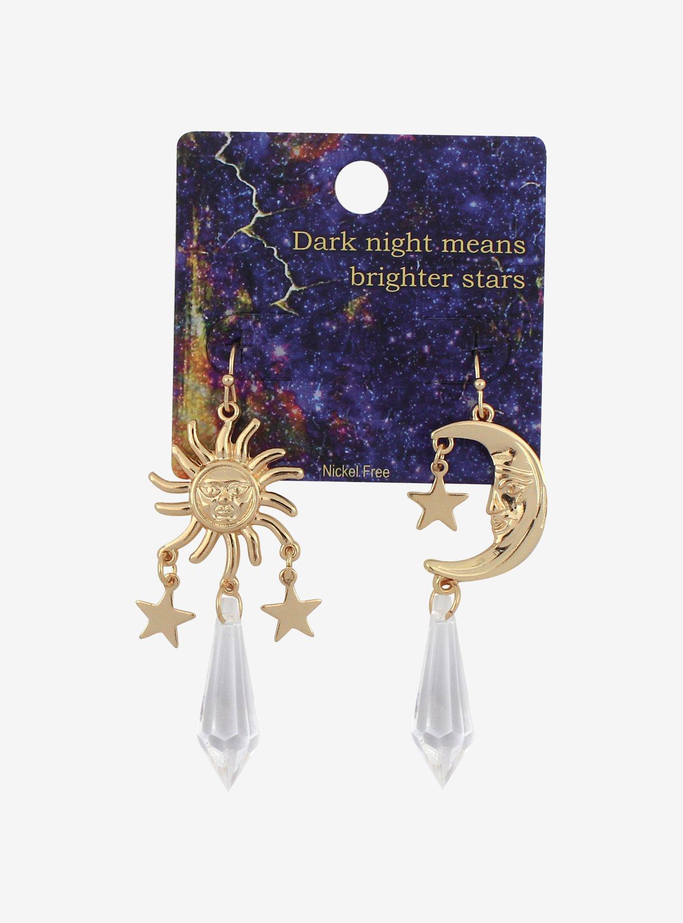 Gold Moon & Sun Crystal Drop Earrings, , alternate