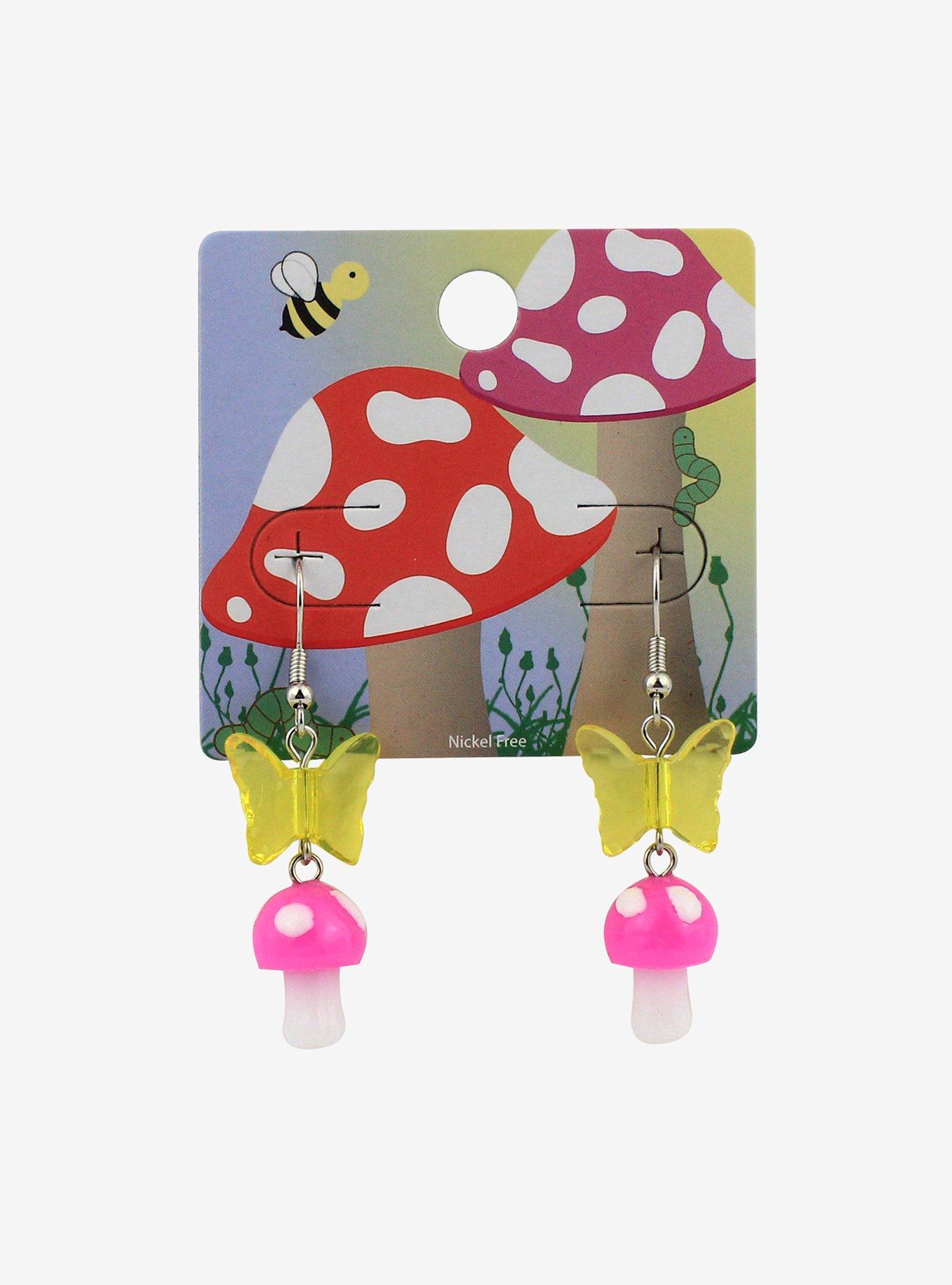 Bright Mushroom & Butterfly Drop Earrings, , alternate
