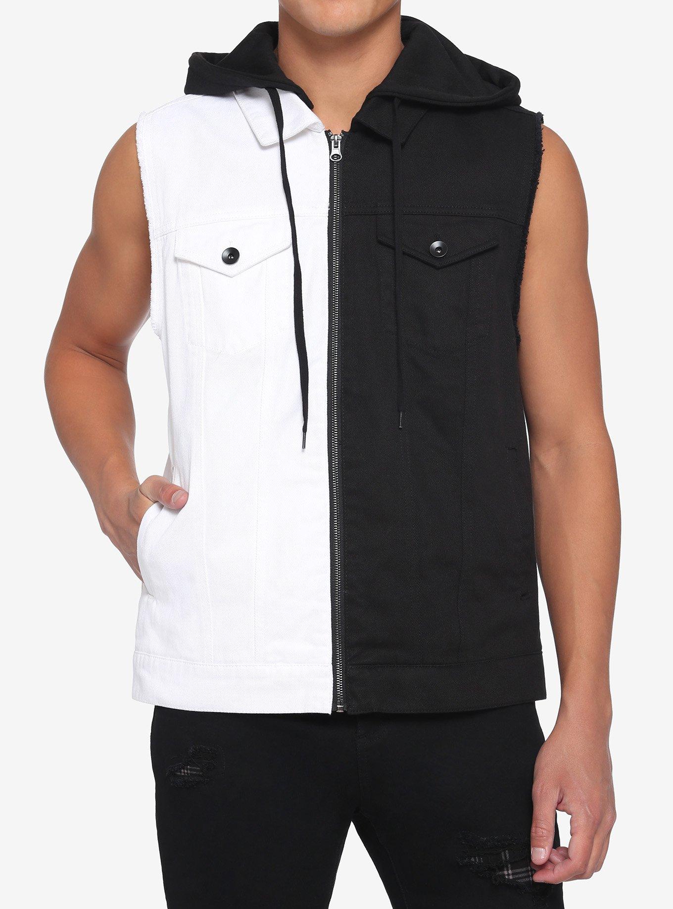 Black & White Split Rotten Hood Denim Vest, BLACK  WHITE, alternate