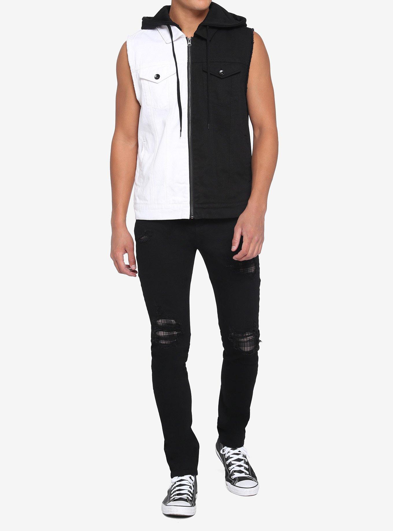 Black & White Split Rotten Hood Denim Vest, BLACK  WHITE, alternate