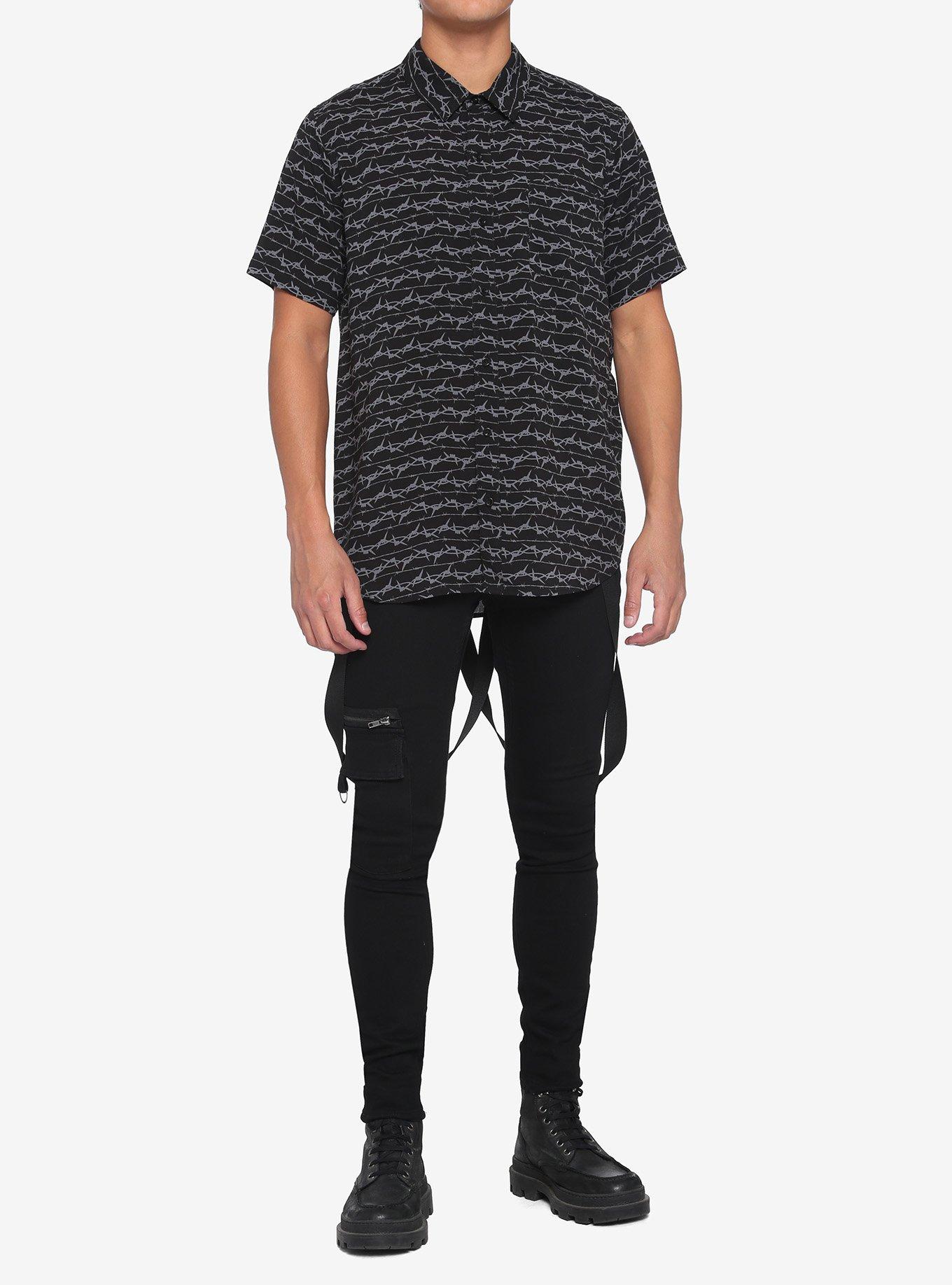 Barbed Wire Woven Button-Up, BLACK, alternate