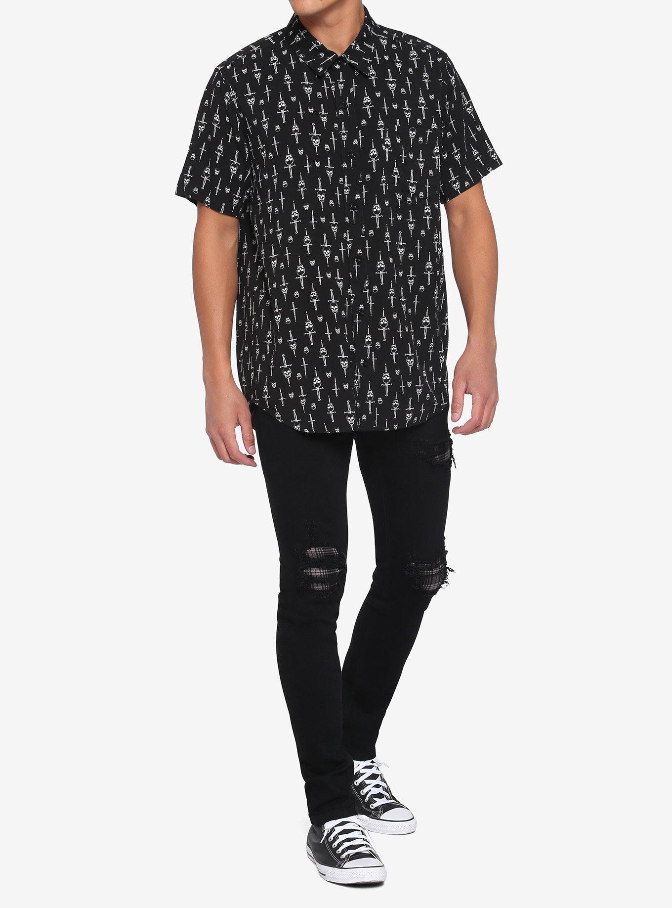 Skulls & Daggers Woven Button-Up, BLACK, alternate