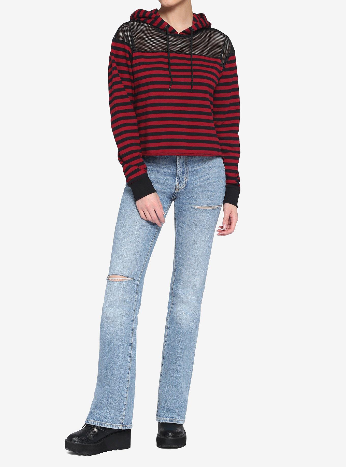 Red & Black Stripe Mesh Girls Hoodie, STRIPES - RED, alternate
