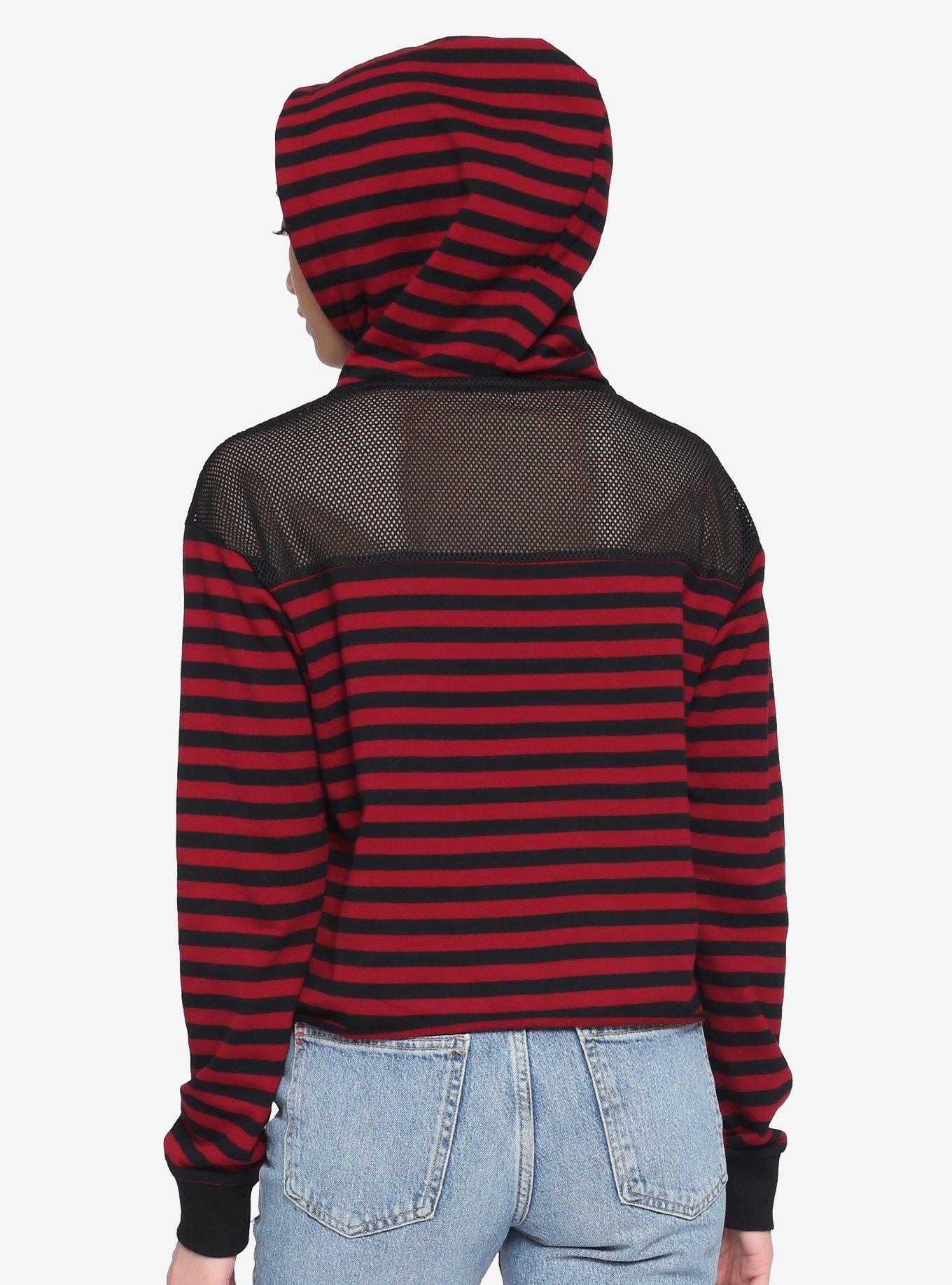 Red & Black Stripe Mesh Girls Hoodie, STRIPES - RED, alternate