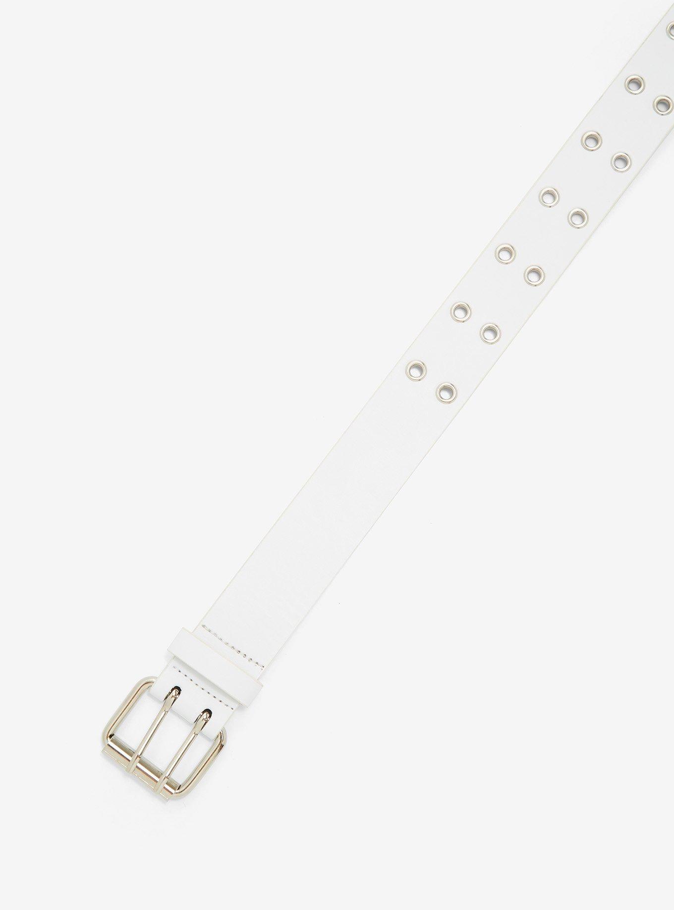 White Faux Leather Grommet Belt, SILVER, alternate