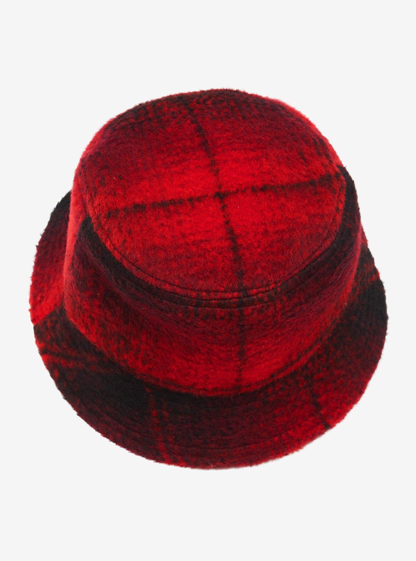 Red Plaid Fuzzy Bucket Hat, , alternate