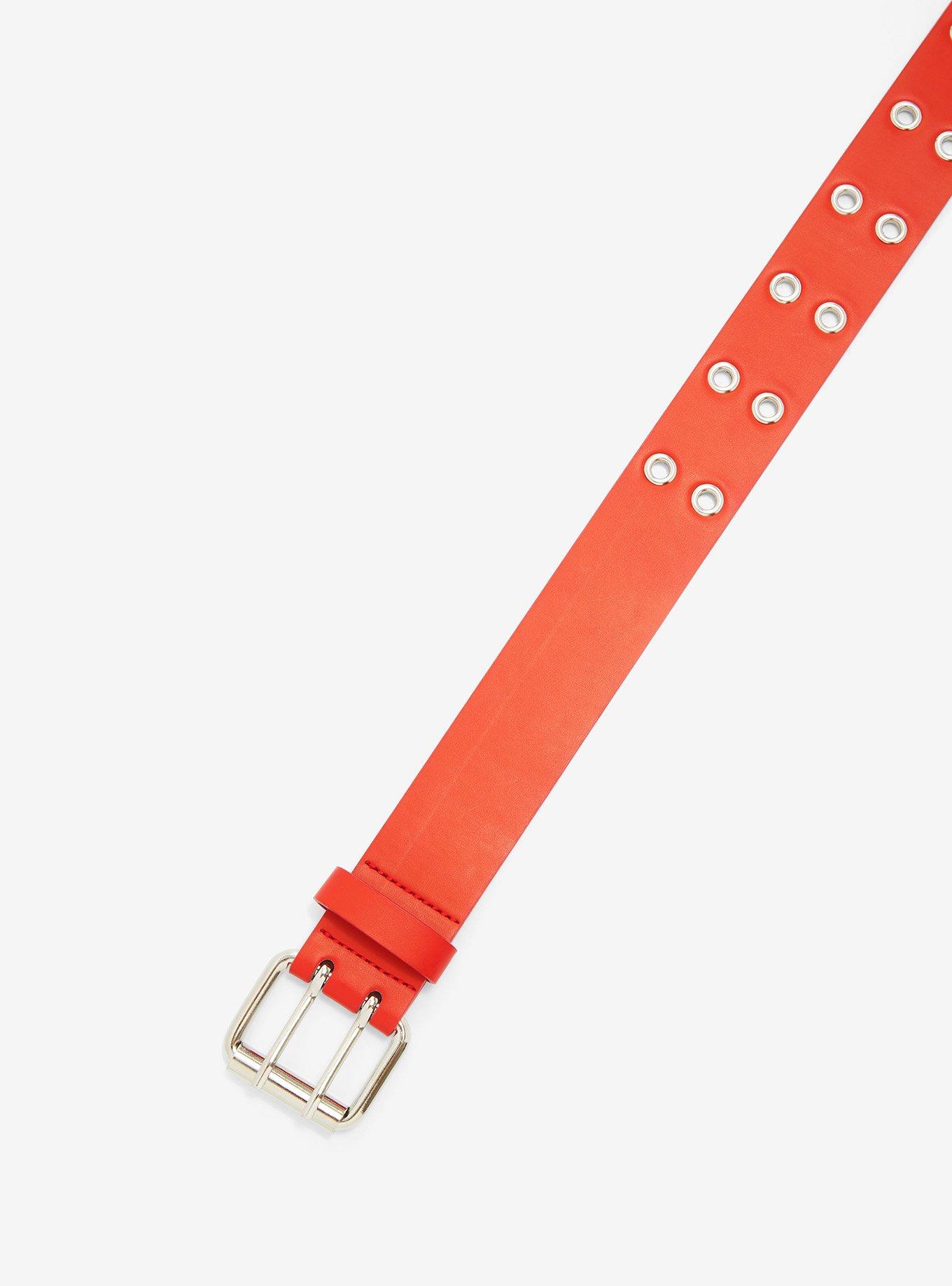 Red Faux Leather Grommet Belt, SILVER, alternate