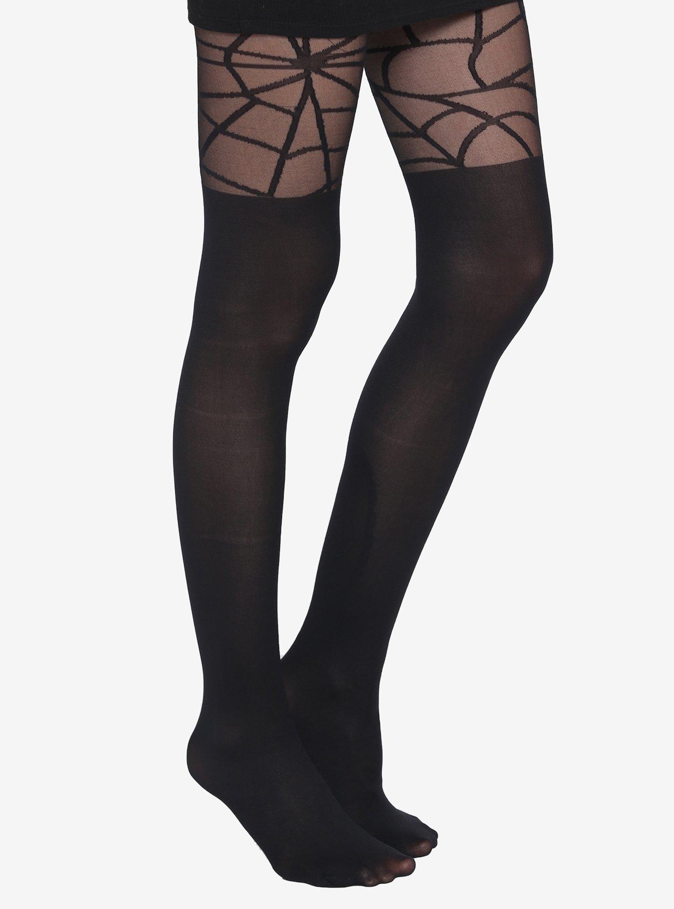 Spiderweb Faux Thigh High Tights, , alternate