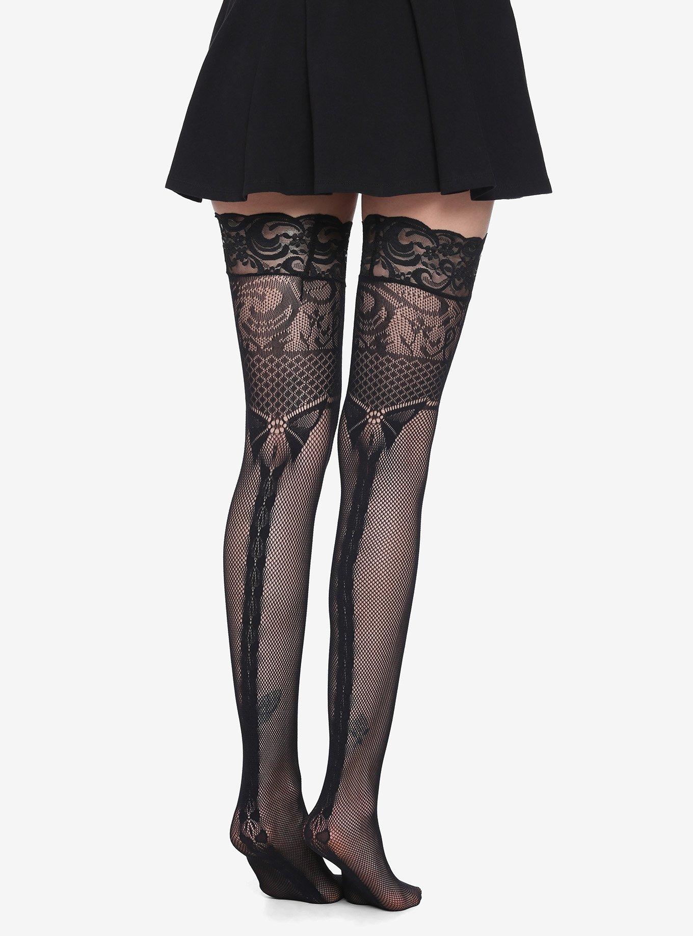 Black Bow Backseam Lace Cuff Fishnet Thigh Highs, , alternate