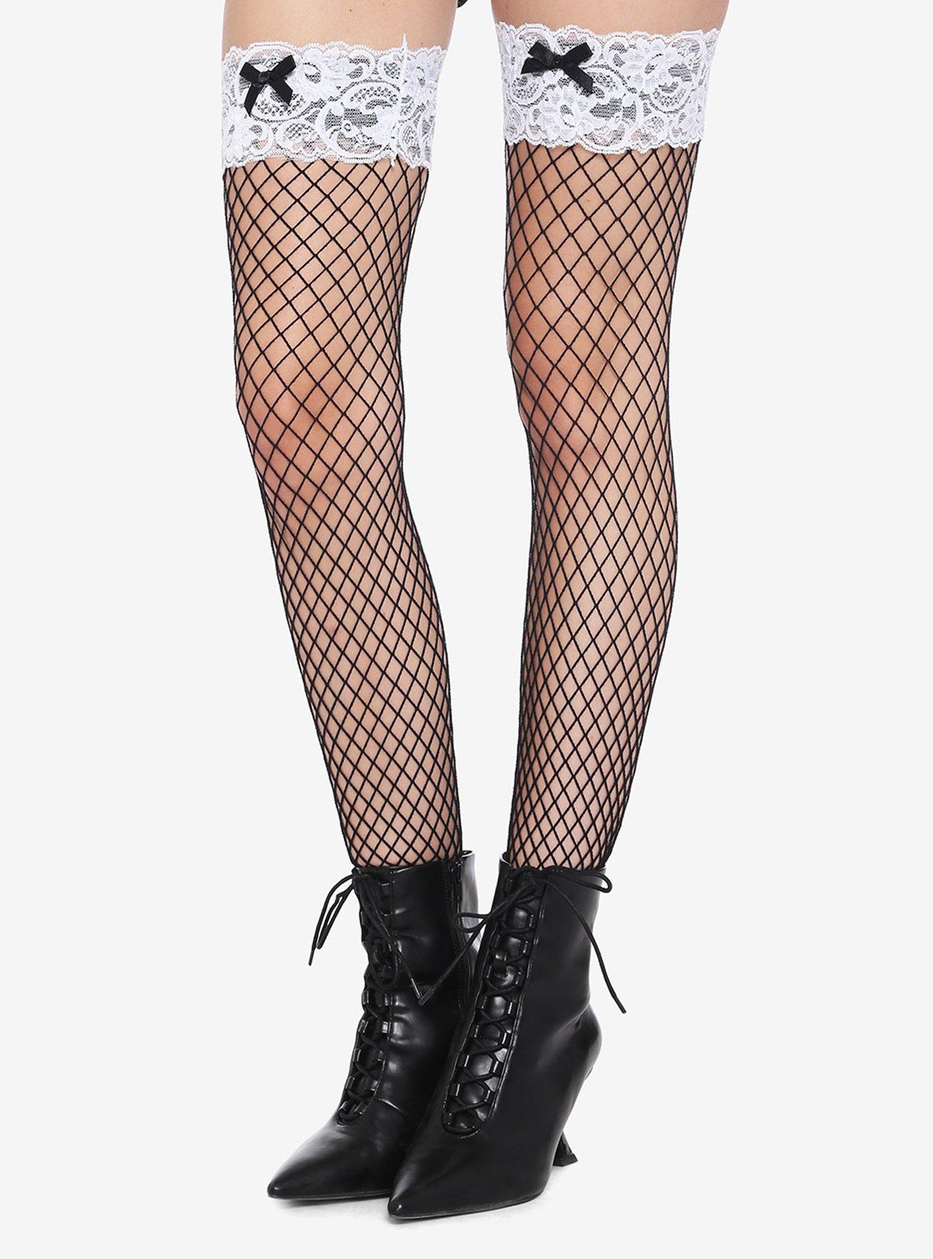 White Lace Black Fishnet Thigh Highs, , alternate
