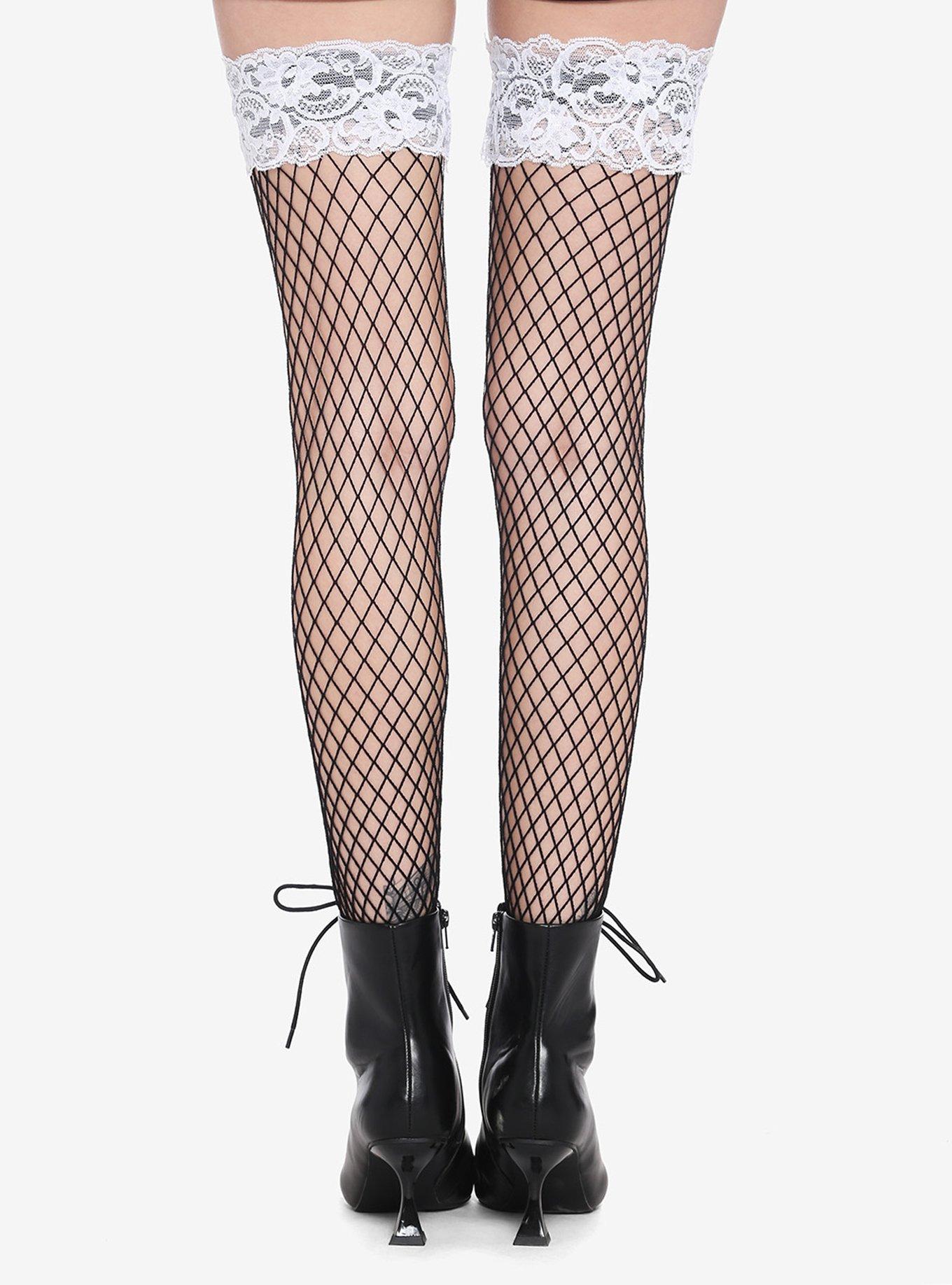White Lace Black Fishnet Thigh Highs, , alternate