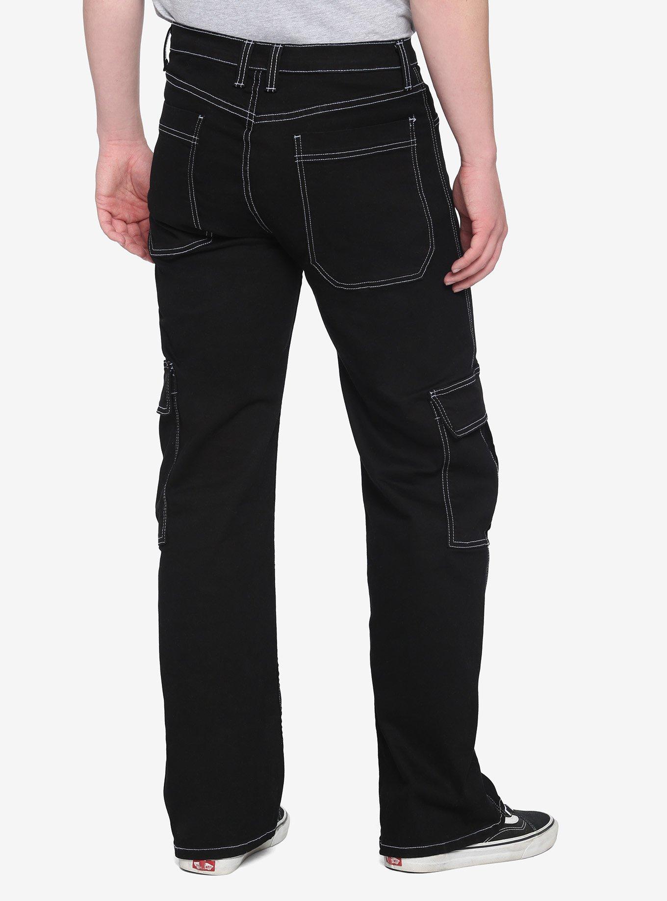 Black With White Stitch Carpenter Pants, BLACK, alternate