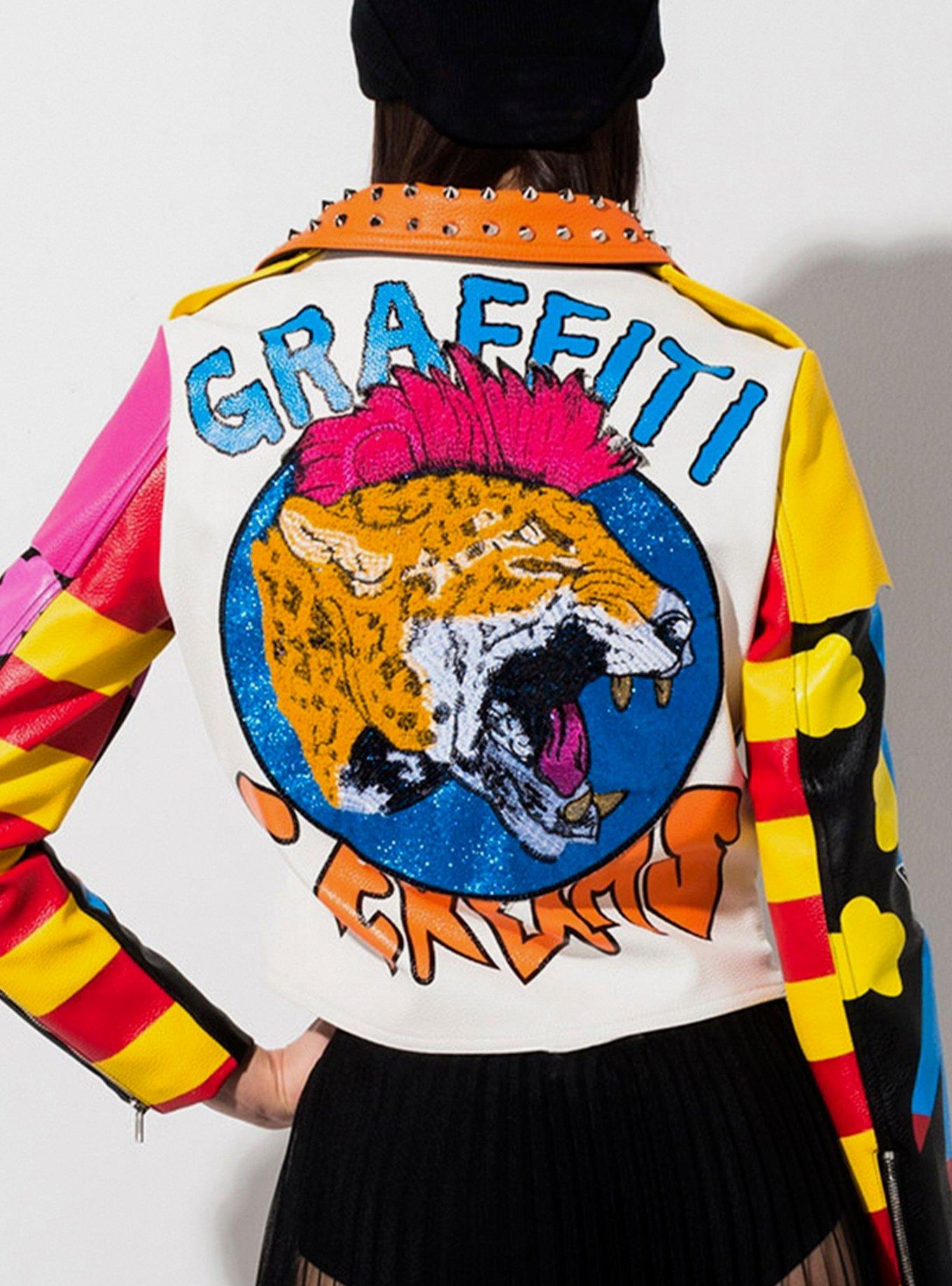 Azalea Wang Graffiti Kisses Vegan Leather Moto Jacket, BLACK, alternate