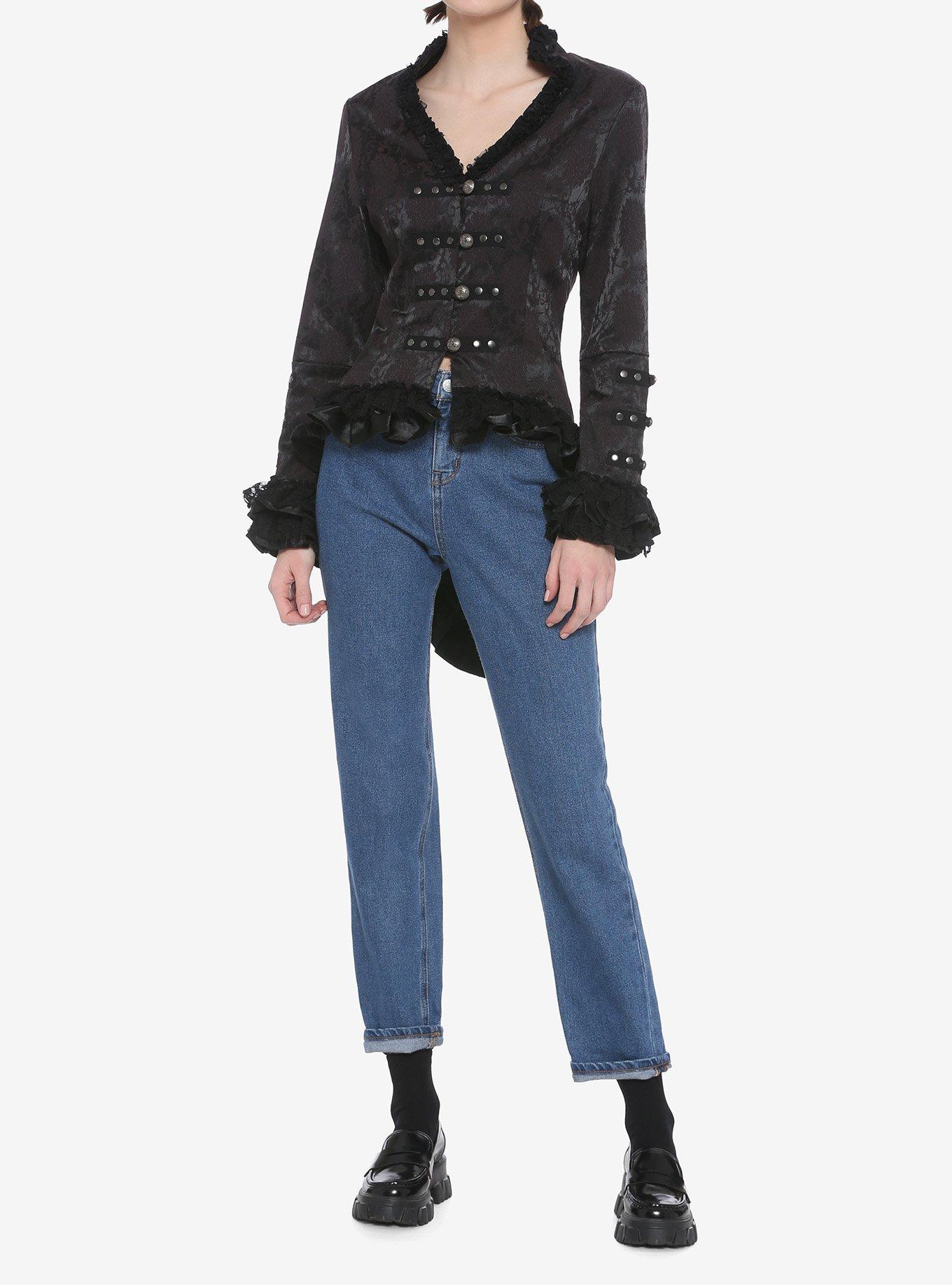 Black Brocade Lace Up Jacket, BLACK, alternate