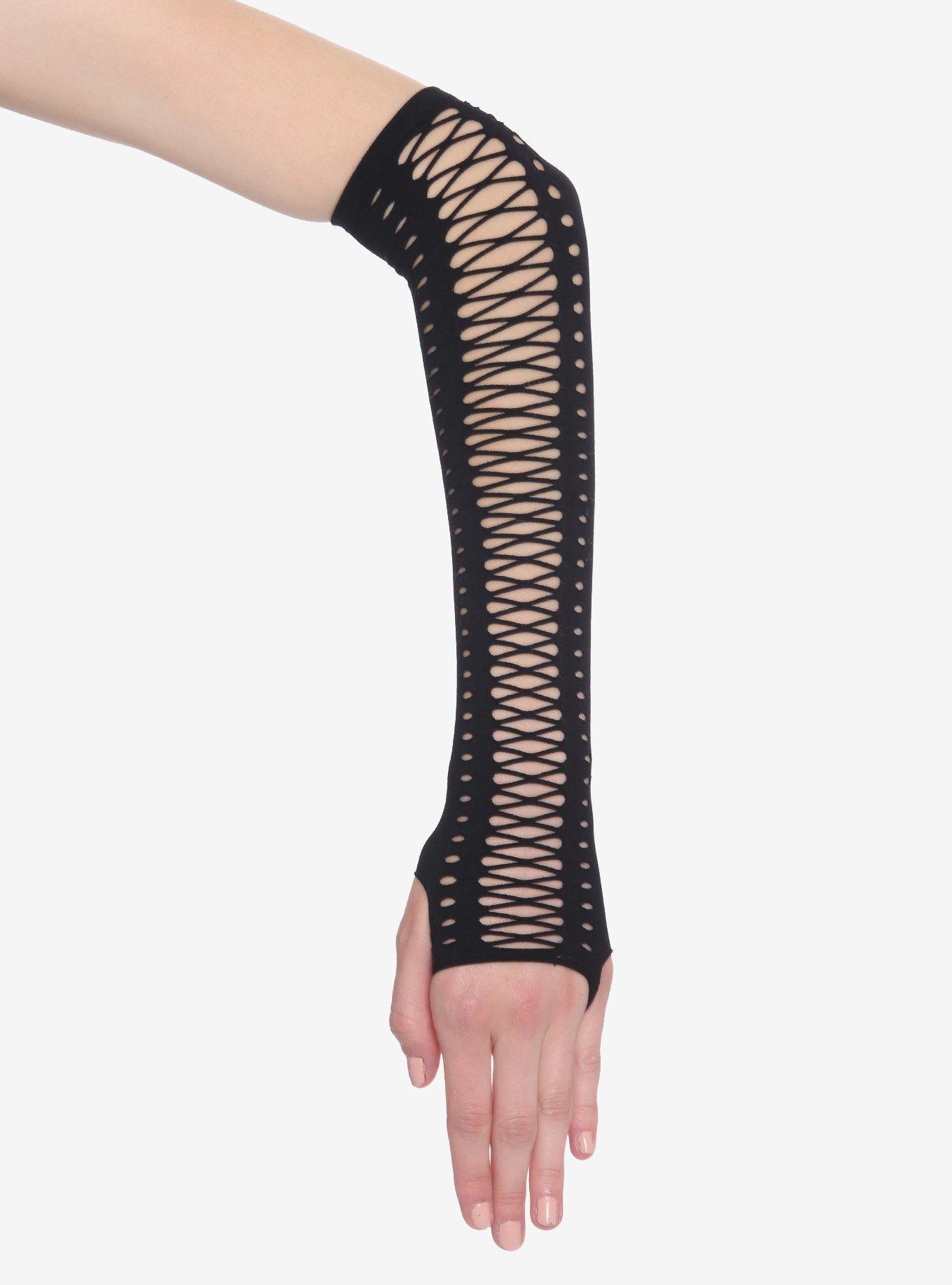 Black Lace-Up Arm Warmers, , alternate