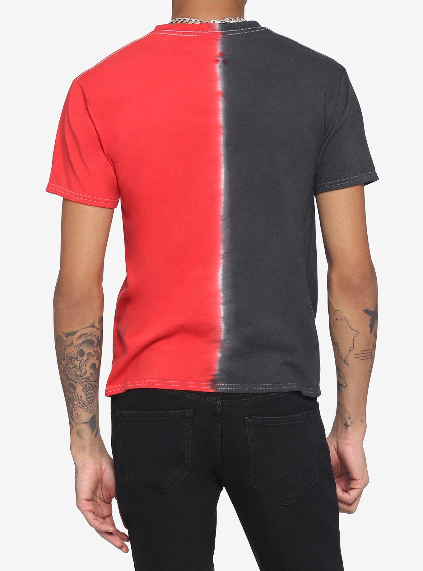 Grey & Red Split Wash Embroidered Rose T-Shirt, BLACK  RED, alternate