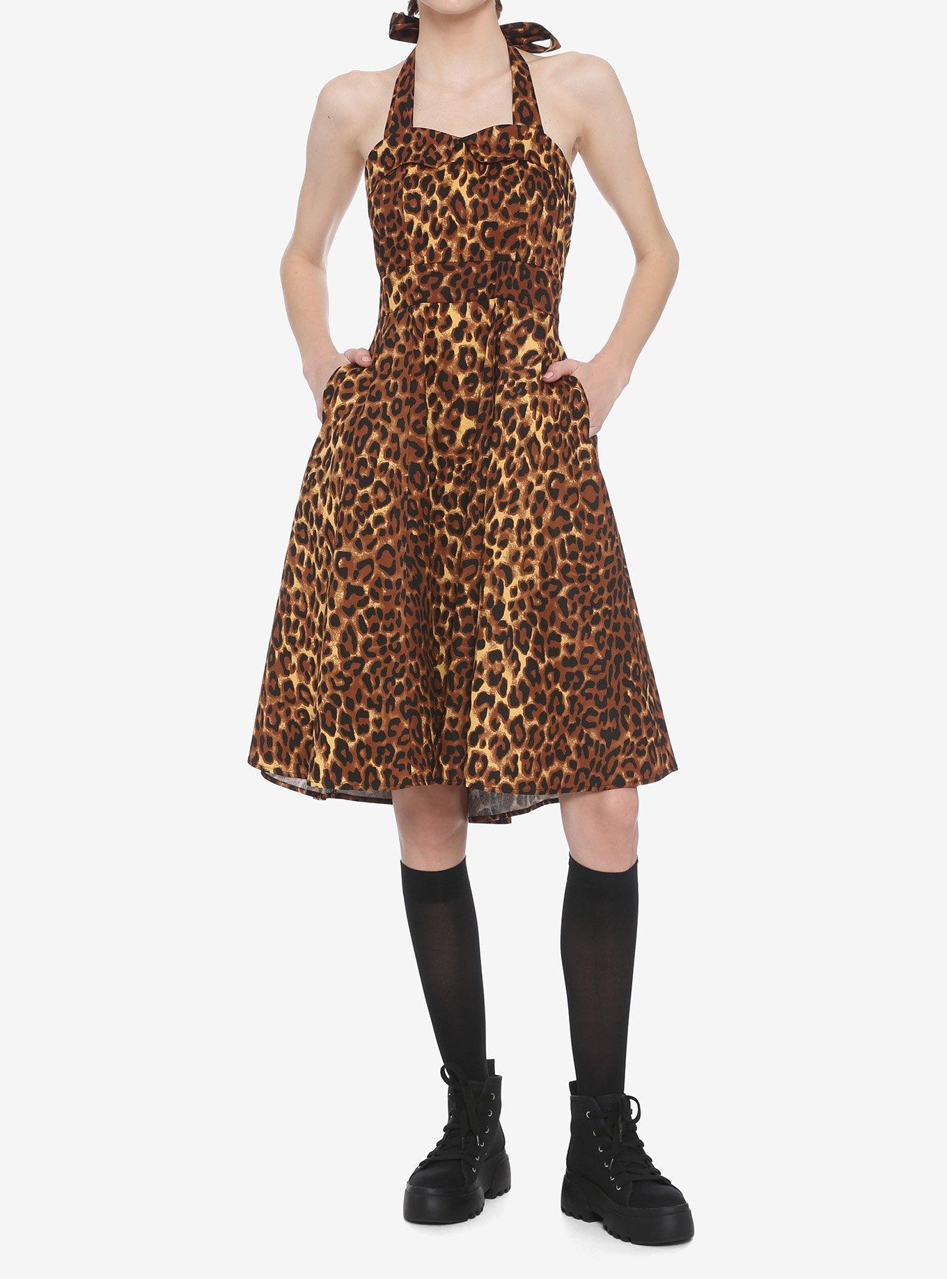 Leopard Print Halter Retro Dress, BROWN, alternate