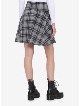 Grey & Black Plaid Lace-Up Yoke Skater Skirt, , hi-res