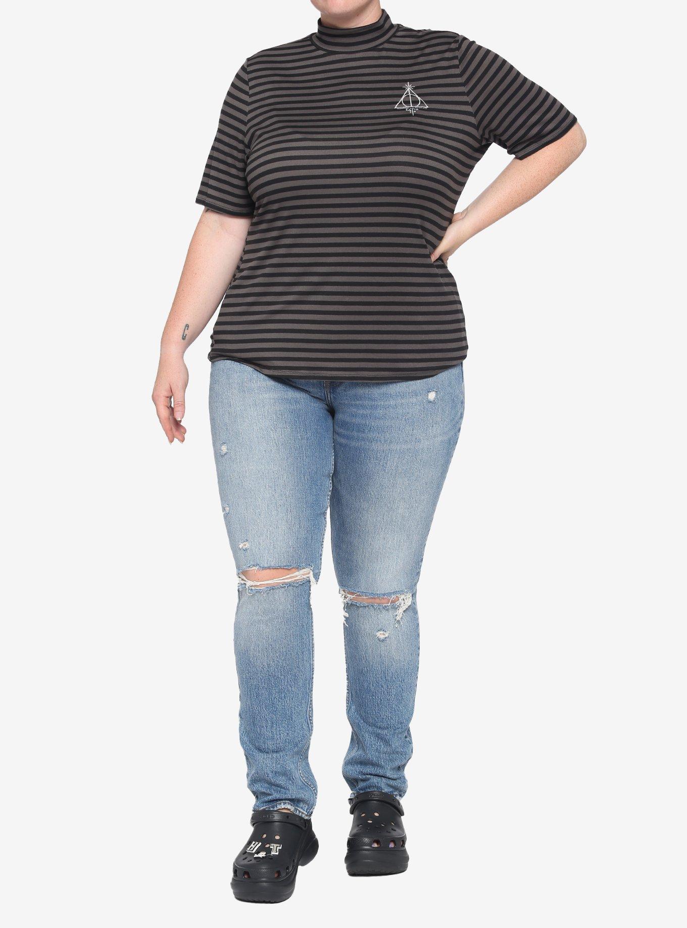 Harry Potter Deathly Hallows Stripe Mock Neck Top Plus Size, MULTI, alternate