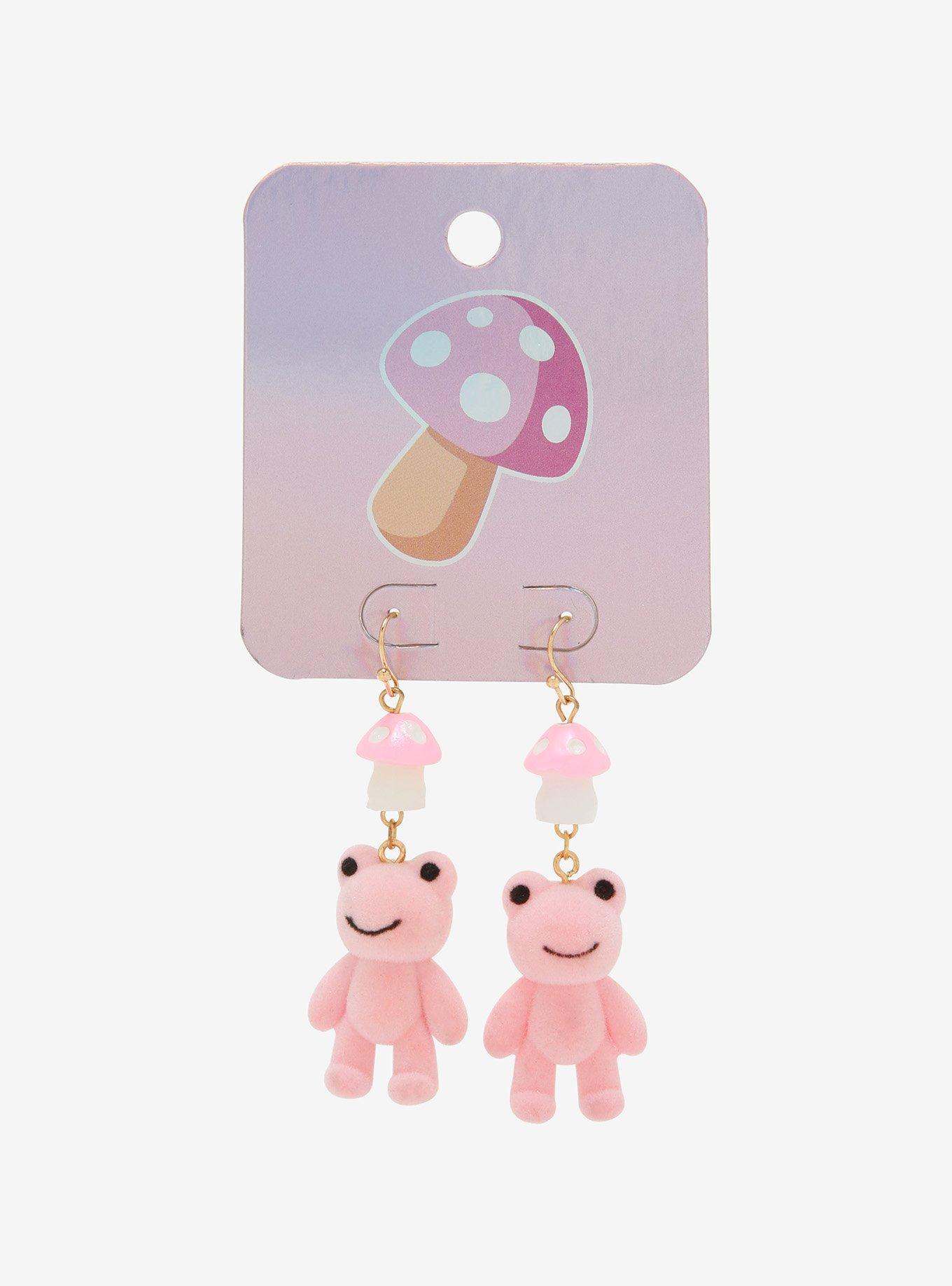 Mushroom Frog Fuzzy Pink Drop Earrings, , alternate