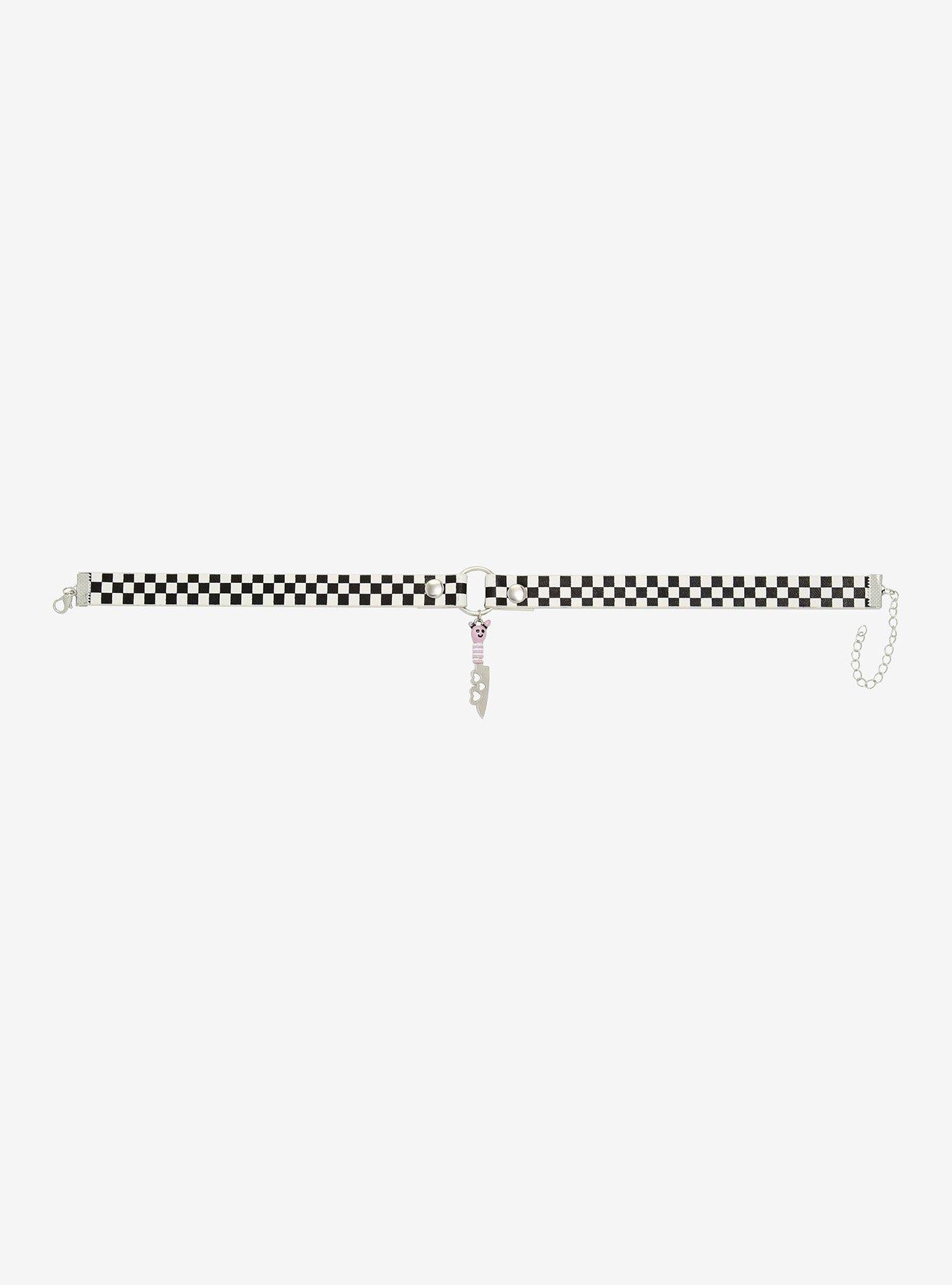 Black & White Checkered Heart Knife Pendant O-Ring Choker, , alternate