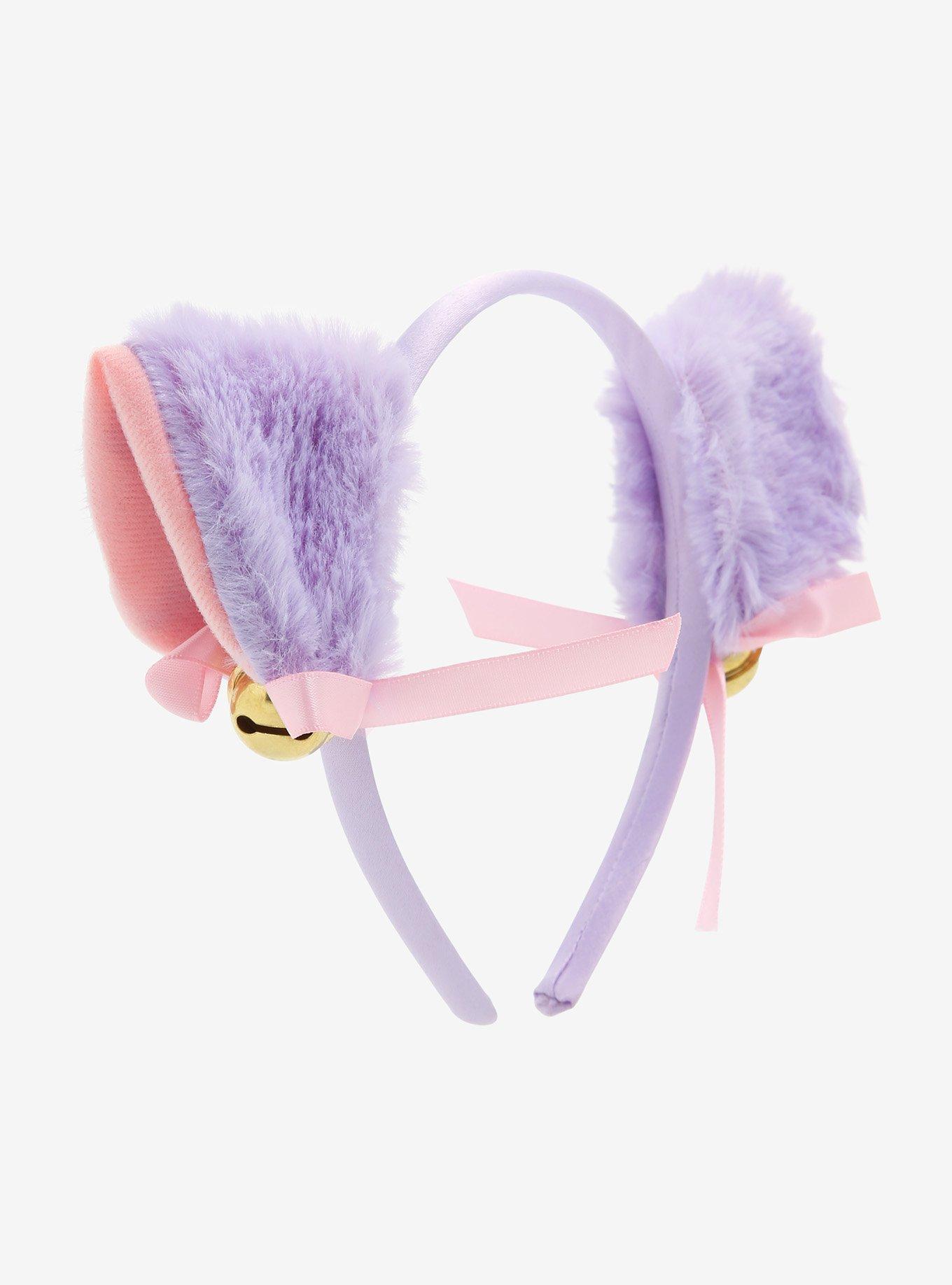 Lavender & Pink Ribbon Bell Fuzzy Cat Ear Headband, , alternate
