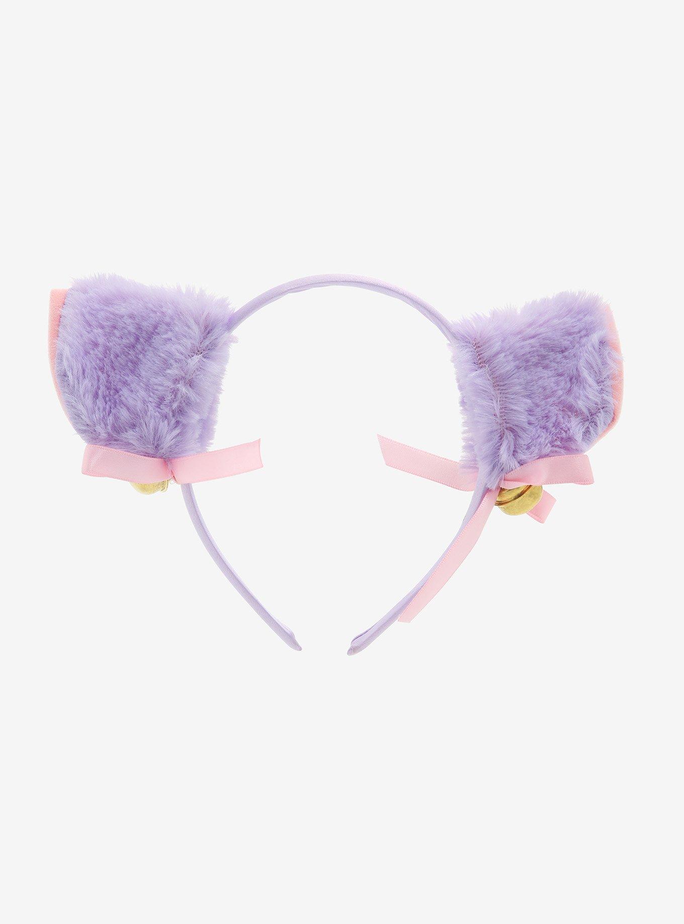 Lavender & Pink Ribbon Bell Fuzzy Cat Ear Headband, , alternate