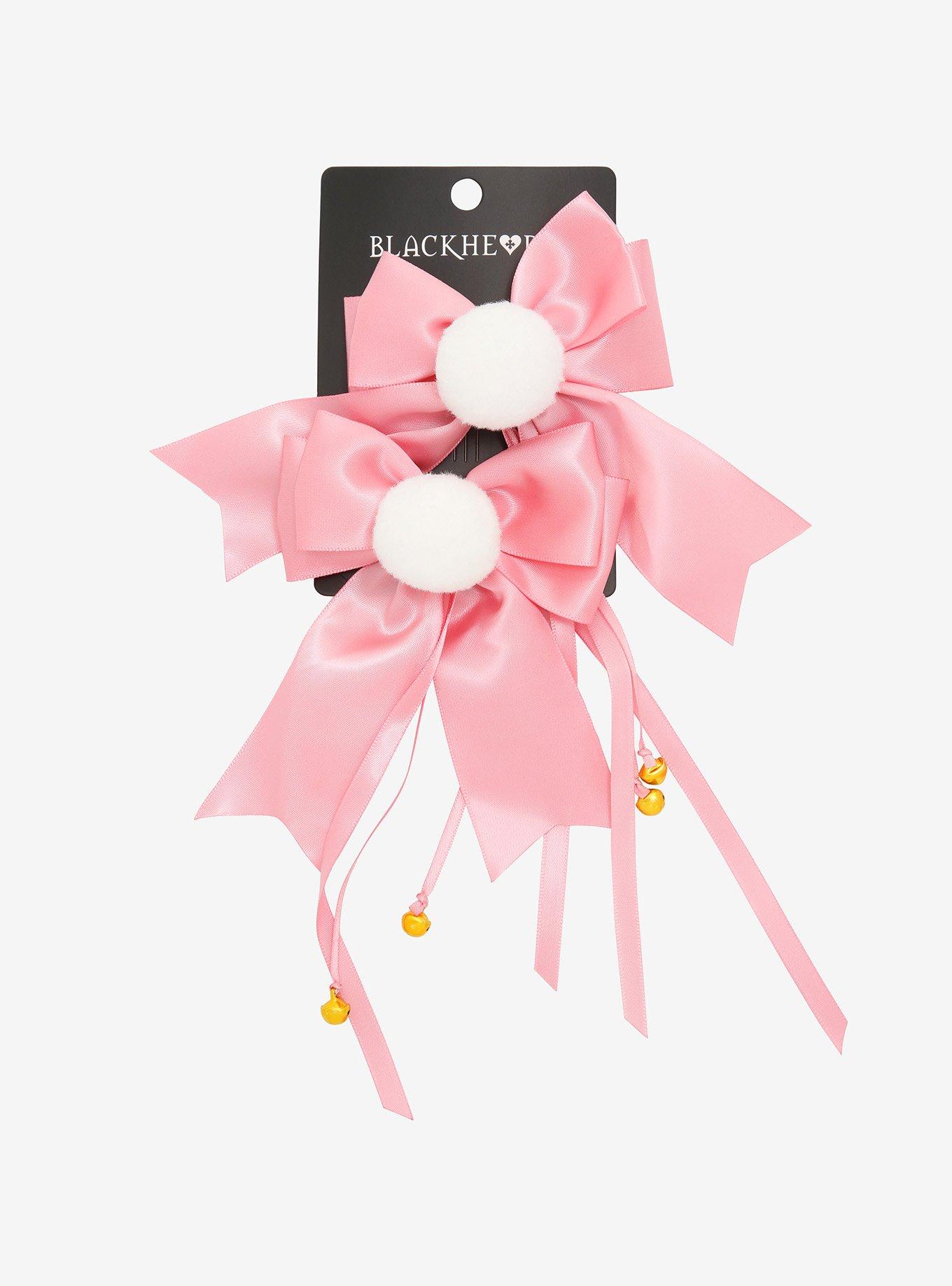 Pink Puff Bow & Bells Dangle Hair Clip Set, , alternate