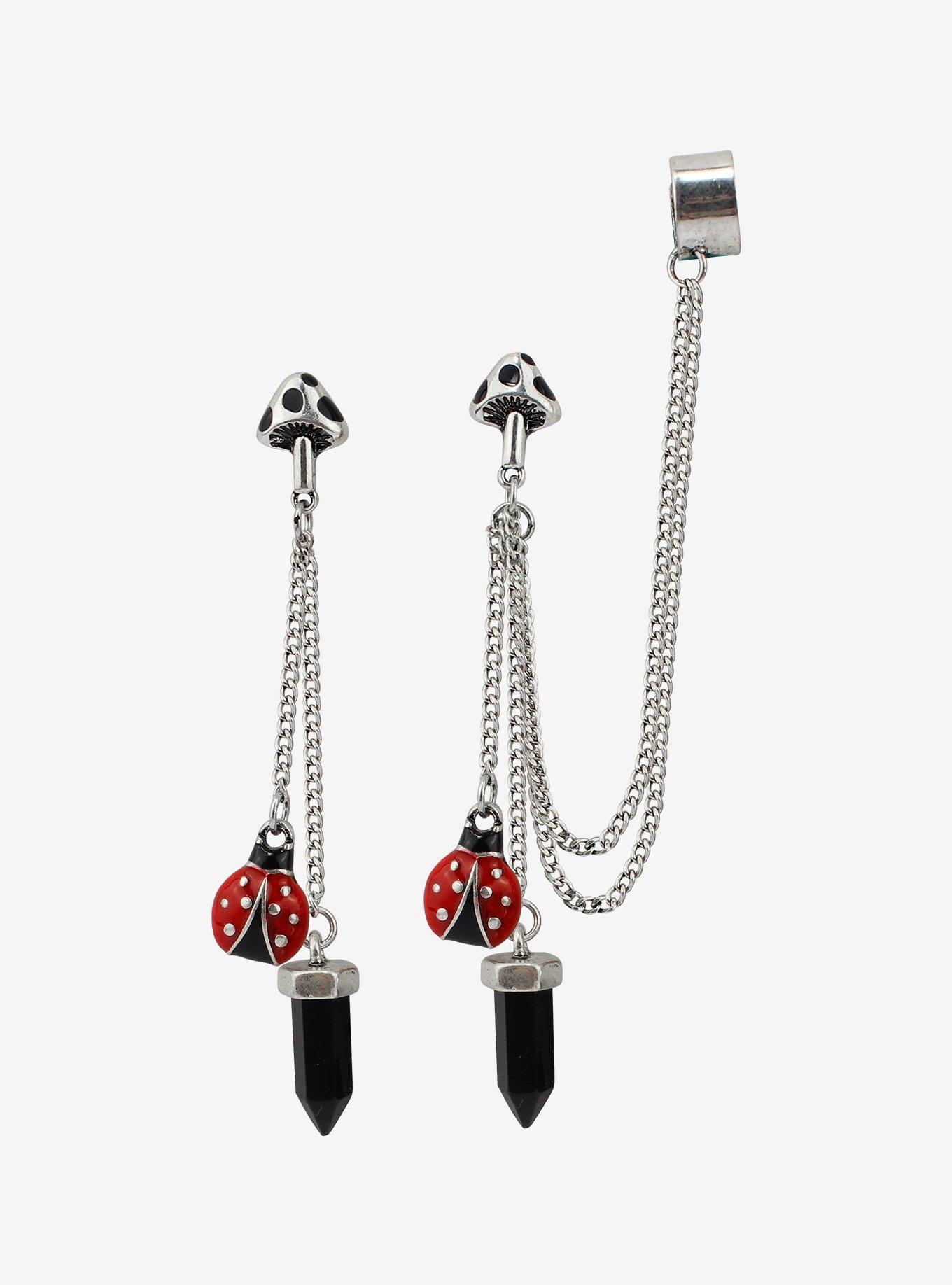 Mushroom Ladybug Crystal Cuff Earring Set, , alternate