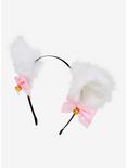 White & Pink Ribbon Bell Fuzzy Cat Ear Headband, , alternate