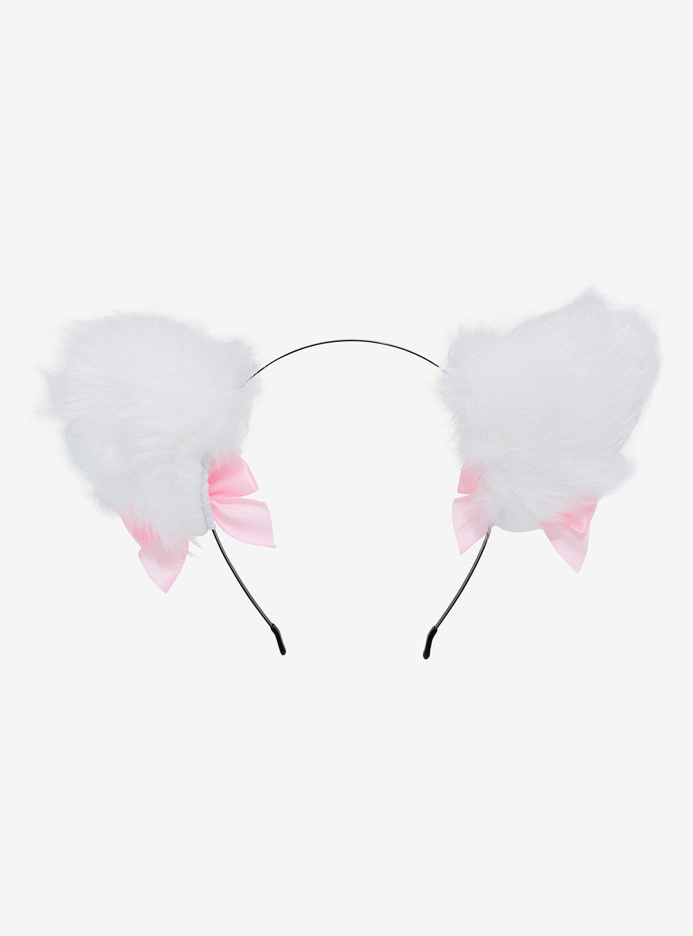 White & Pink Ribbon Bell Fuzzy Cat Ear Headband, , alternate