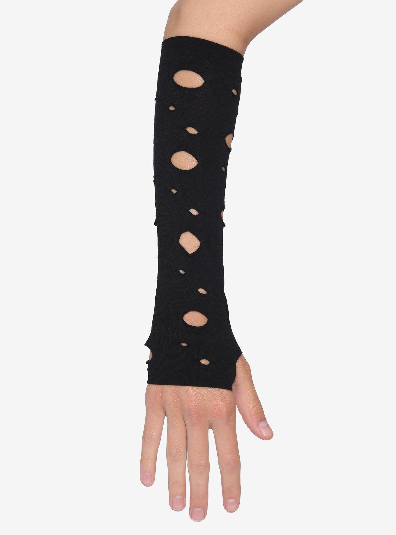 Black Distressed Arm Warmers, , alternate