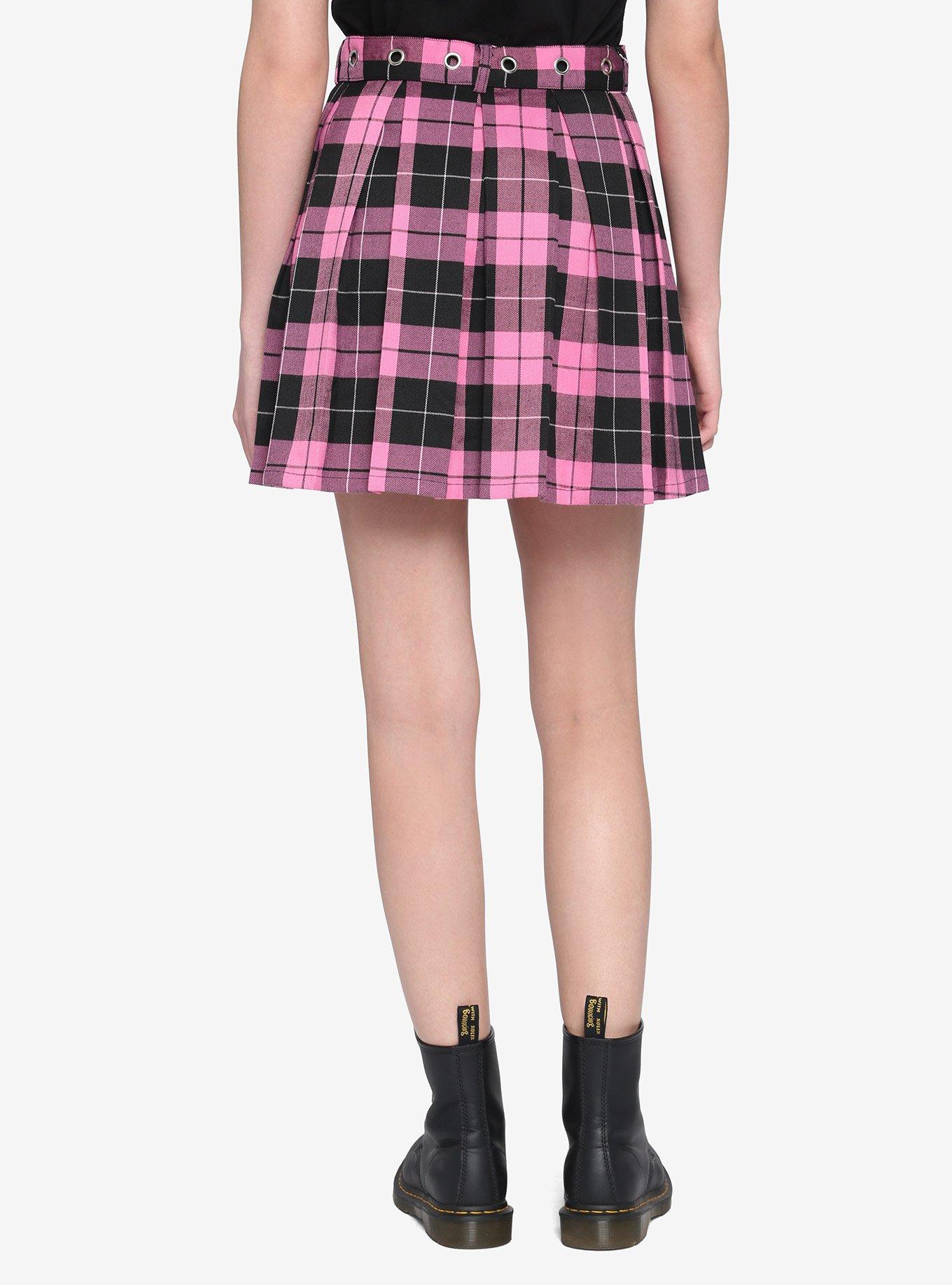 Pink & Black Plaid Skirt With Grommet Belt, PLAID - PINK, alternate