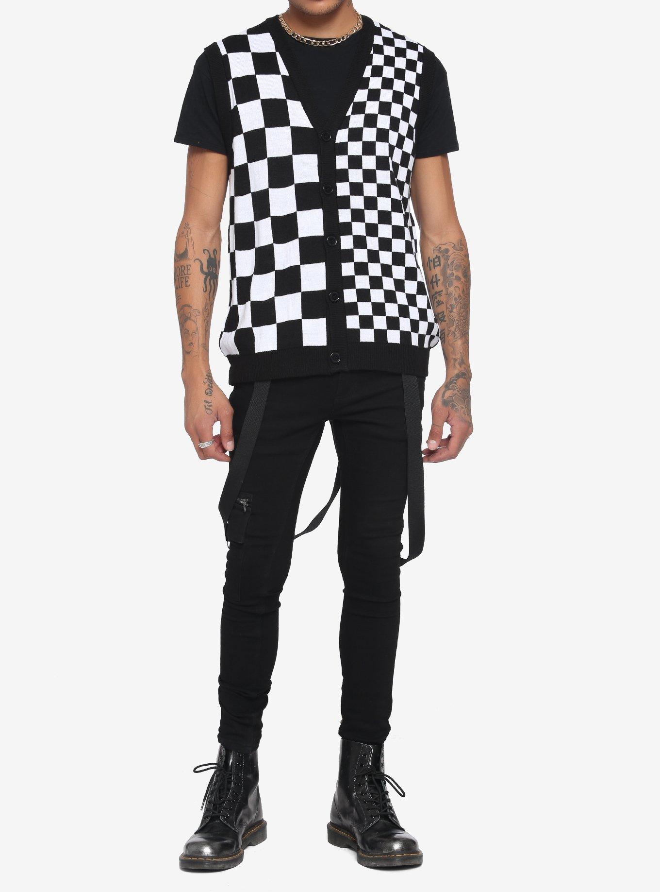 Split Black & White Checkered Knit Vest, CHECKERED, alternate