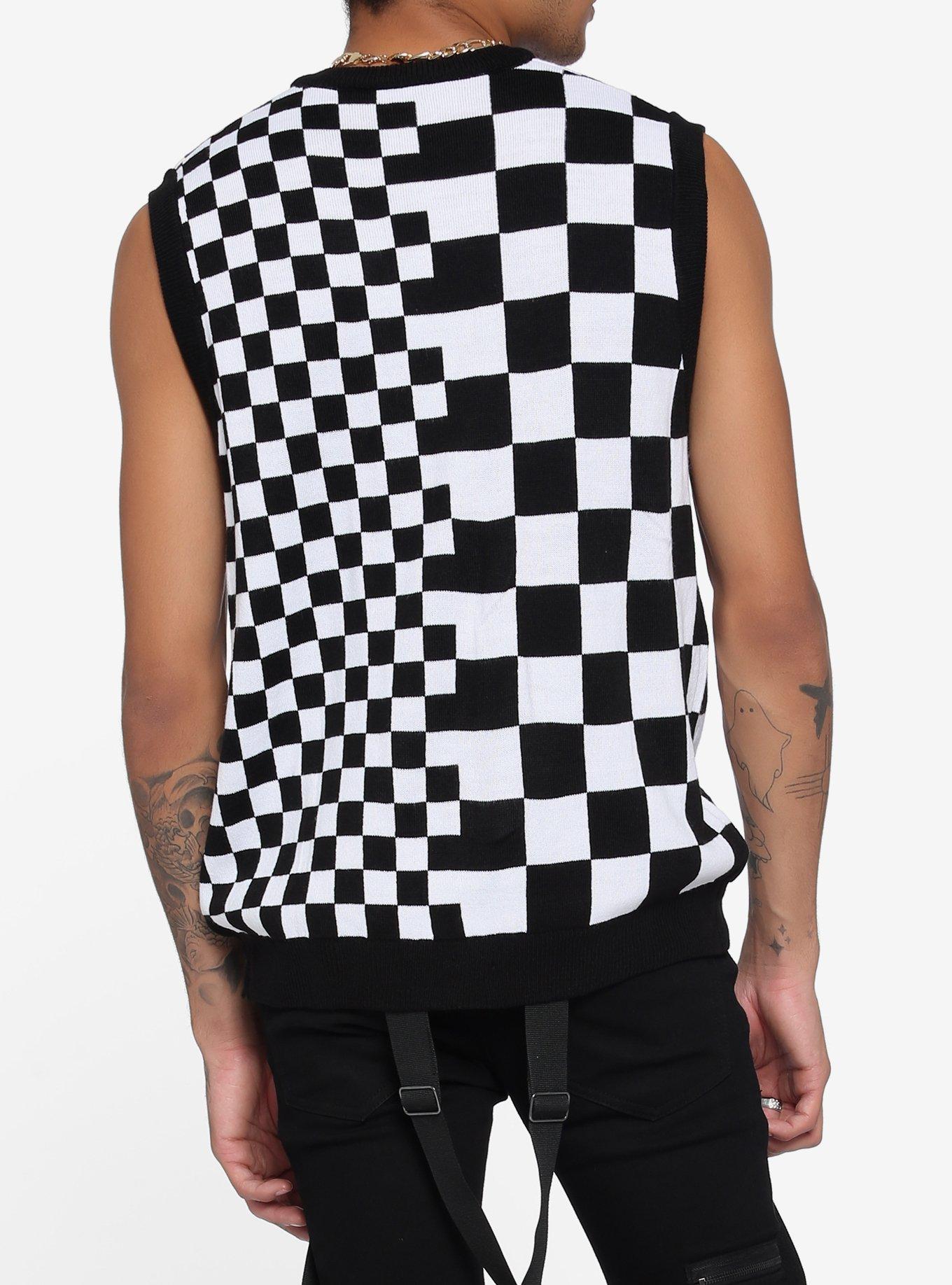 Split Black & White Checkered Knit Vest, CHECKERED, alternate