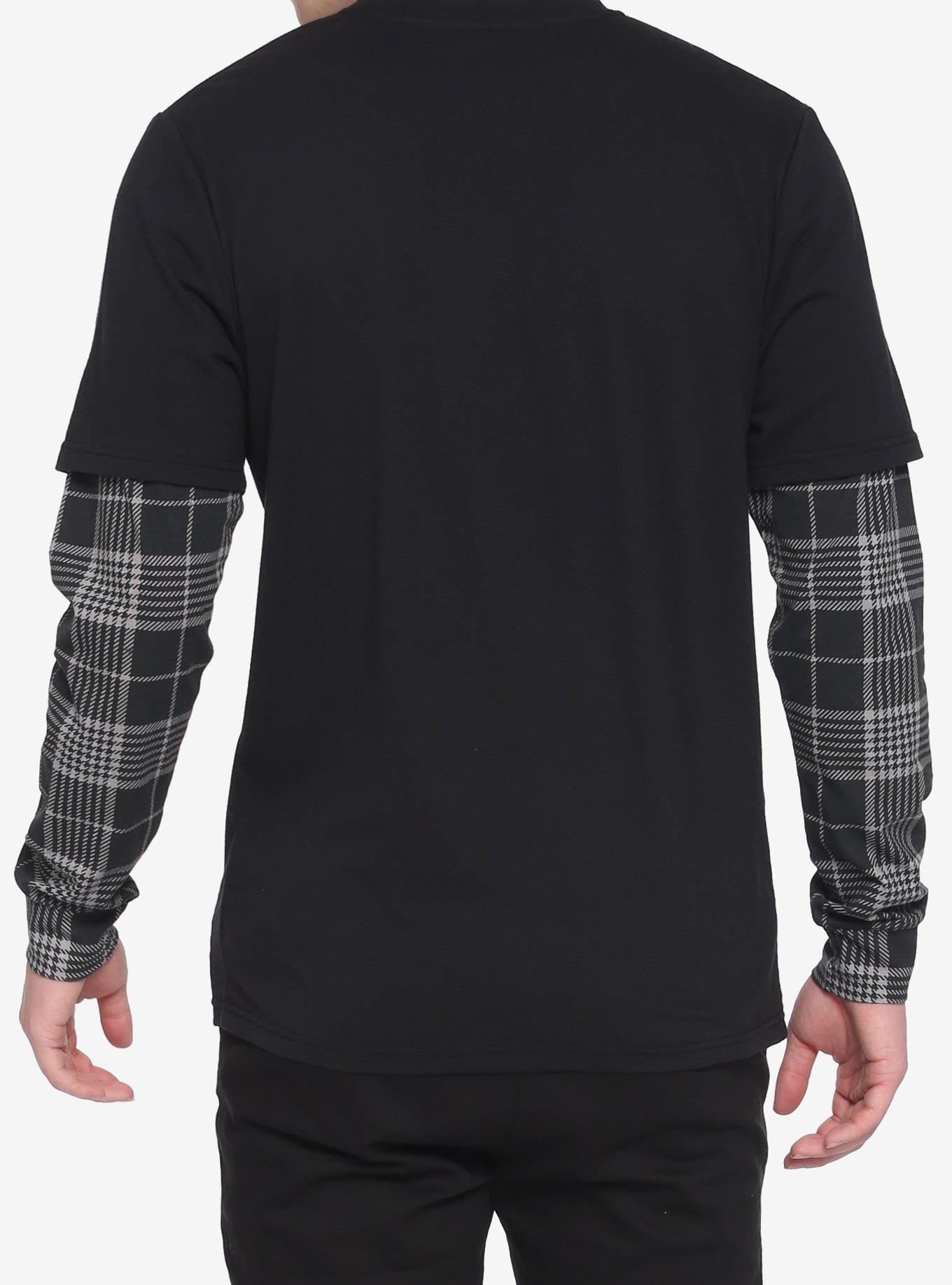 Black & Grey Flannel Sleeve Twofer Long-Sleeve T-Shirt, PLAID, alternate