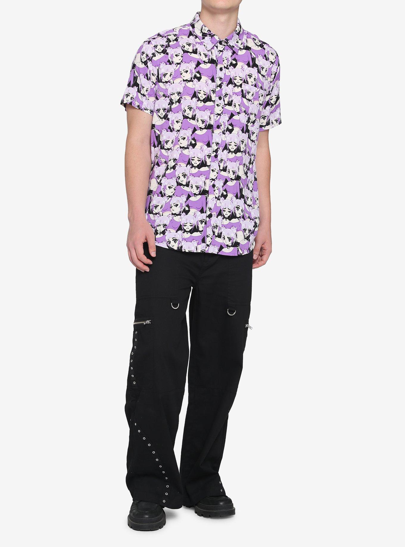 Anime Girl Purple Woven Button-Up, PURPLE, alternate