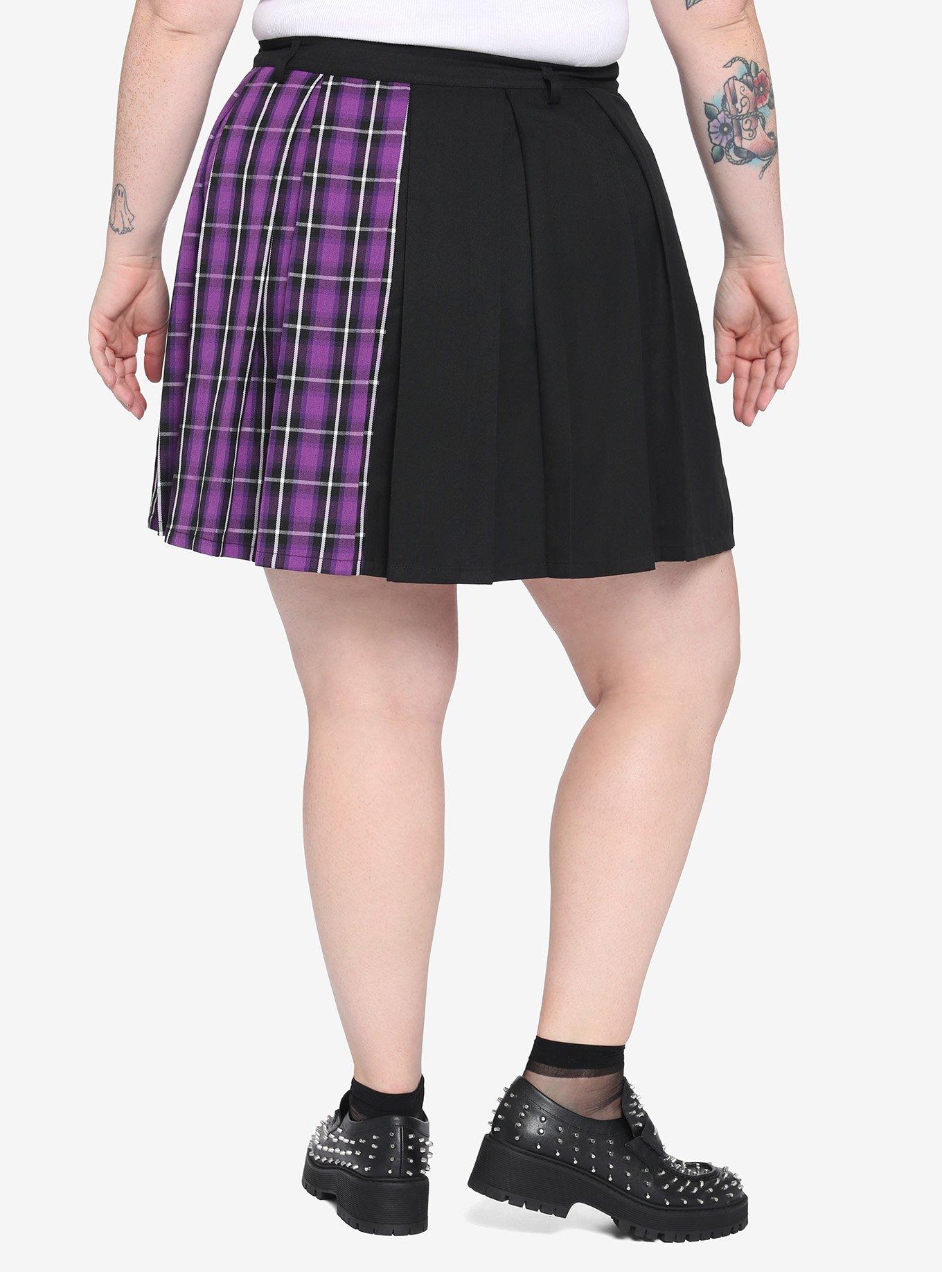 Black & Purple Split Plaid Skirt Plus Size, PLAID - PURPLE, alternate