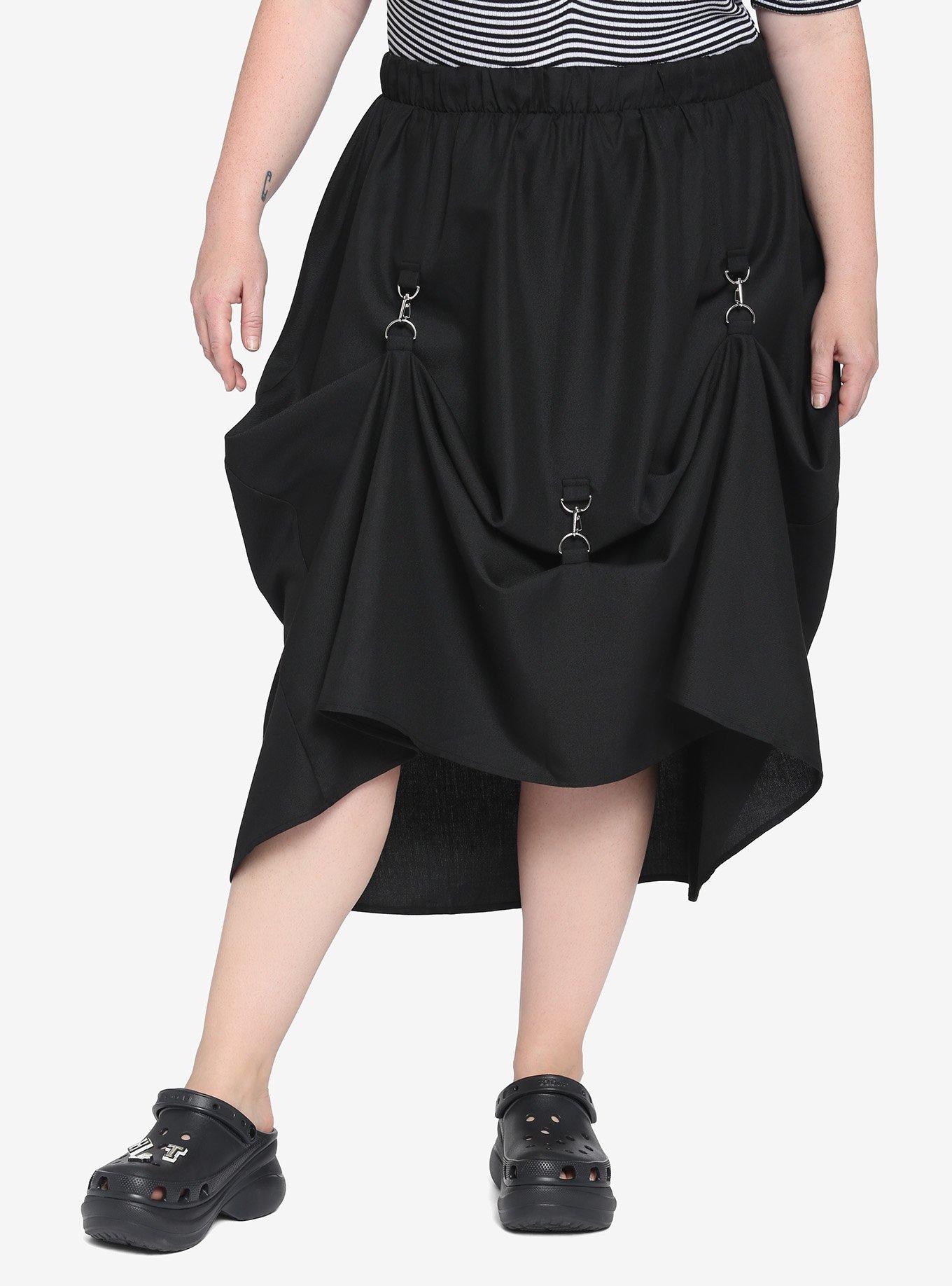 Black D-Ring Clasp Midi Skirt Plus Size, BLACK, alternate