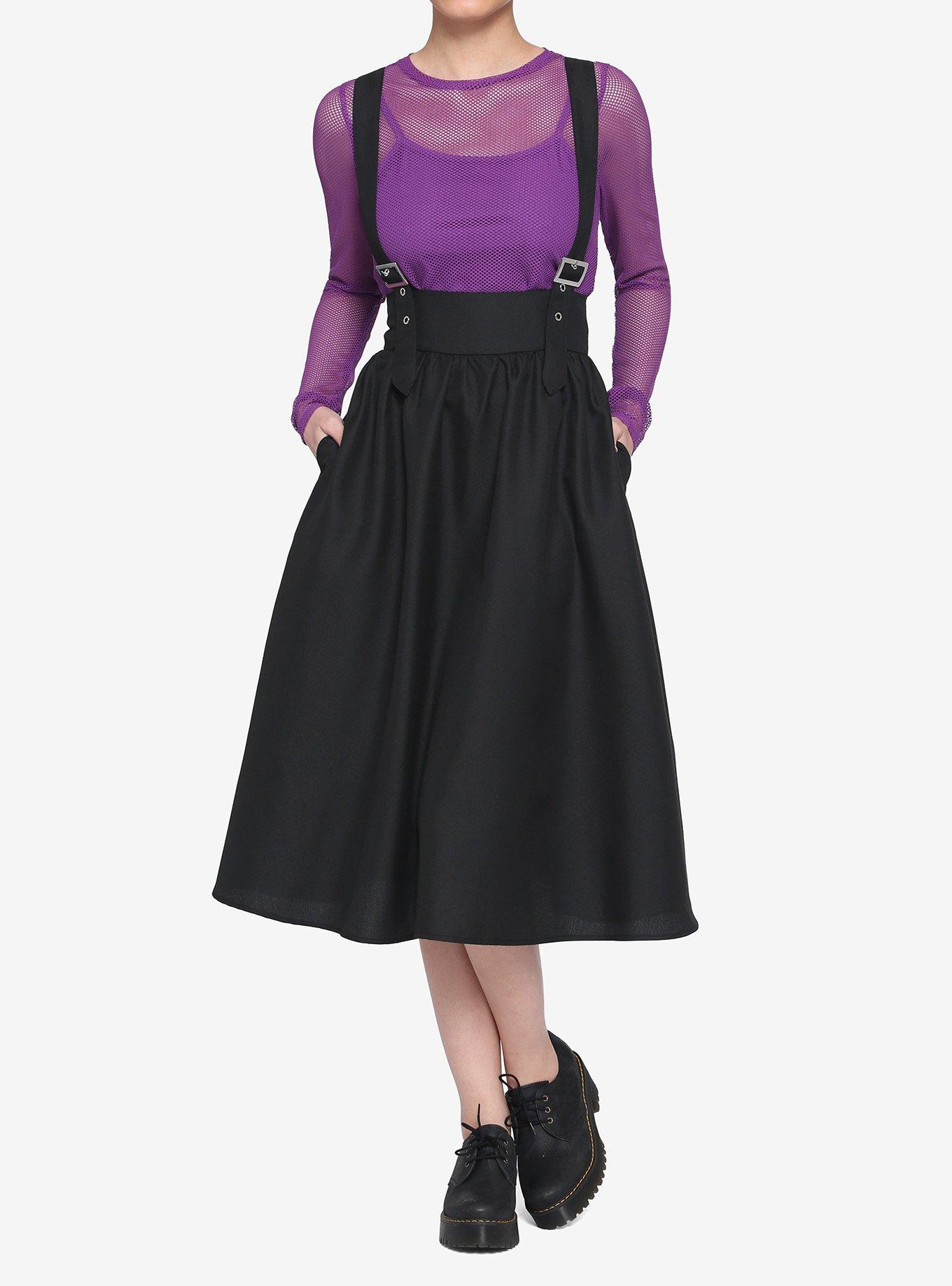 Black Suspender Midi Skirt, BLACK, alternate
