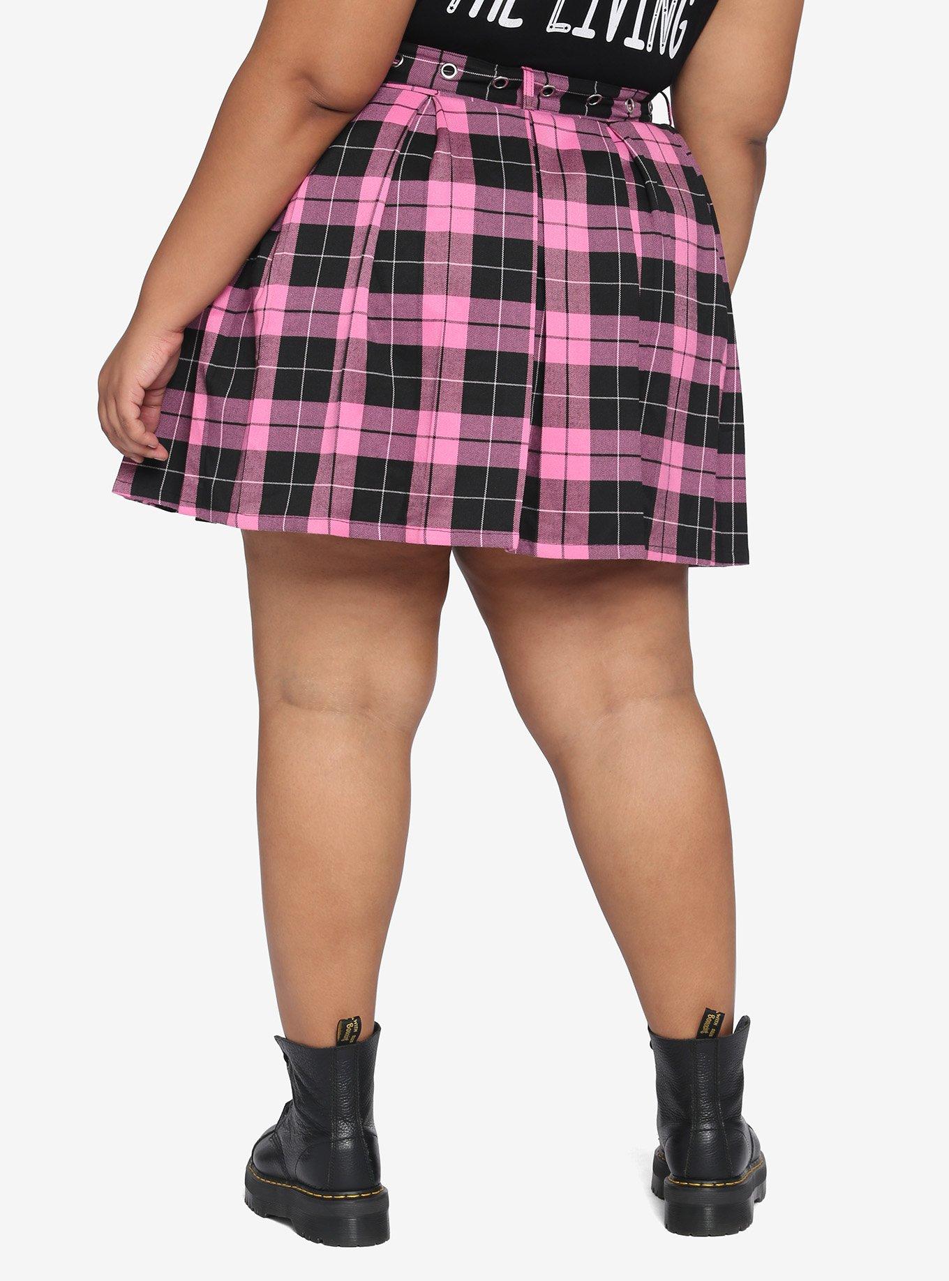 Pink & Black Plaid Skirt With Grommet Belt Plus Size, PLAID - PINK, alternate