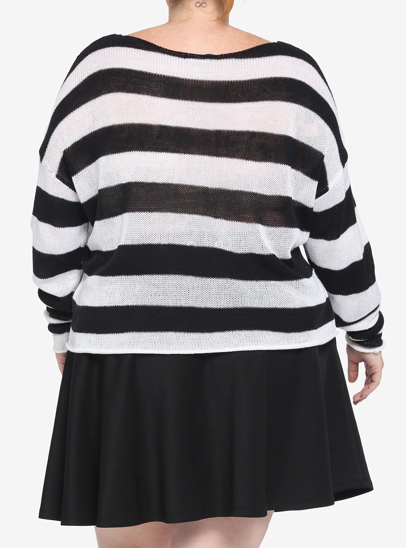 White & Black Stripe Girls Crop Sweater Plus Size, STRIPES, alternate