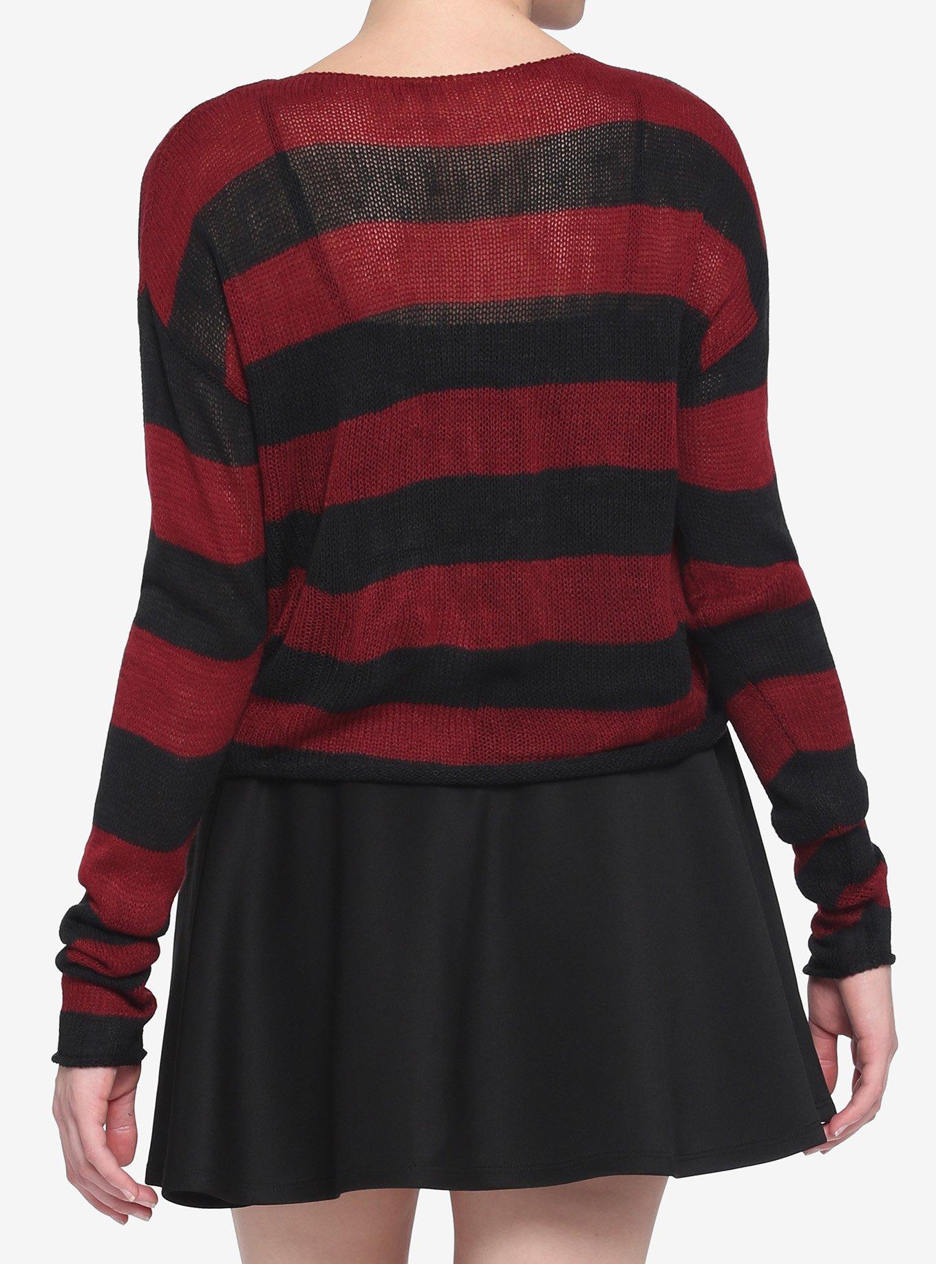 Red & Black Stripe Girls Crop Sweater, STRIPES - RED, alternate