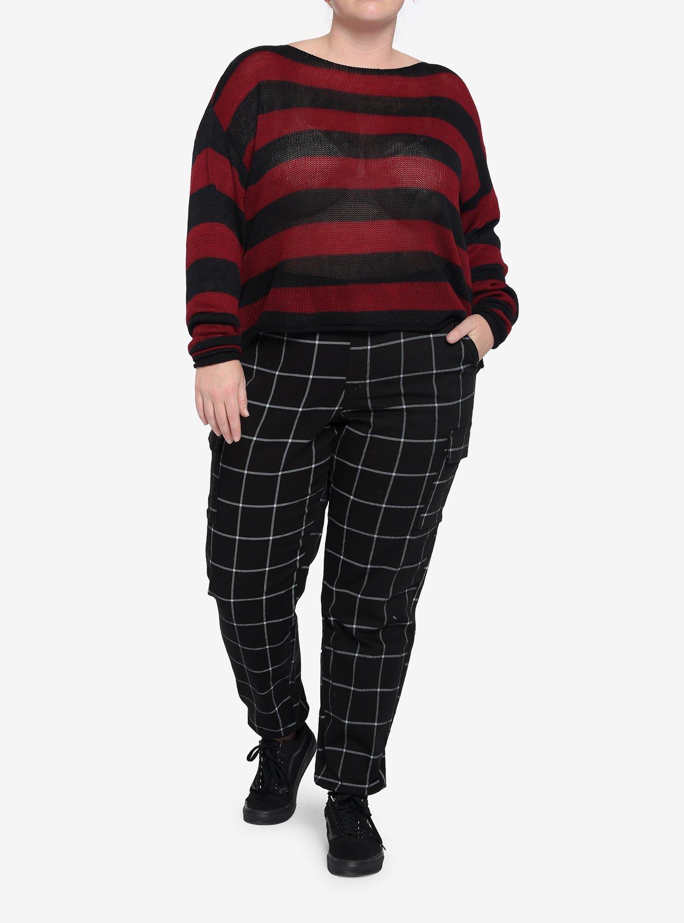 Red & Black Stripe Girls Crop Sweater Plus Size, STRIPES - RED, alternate