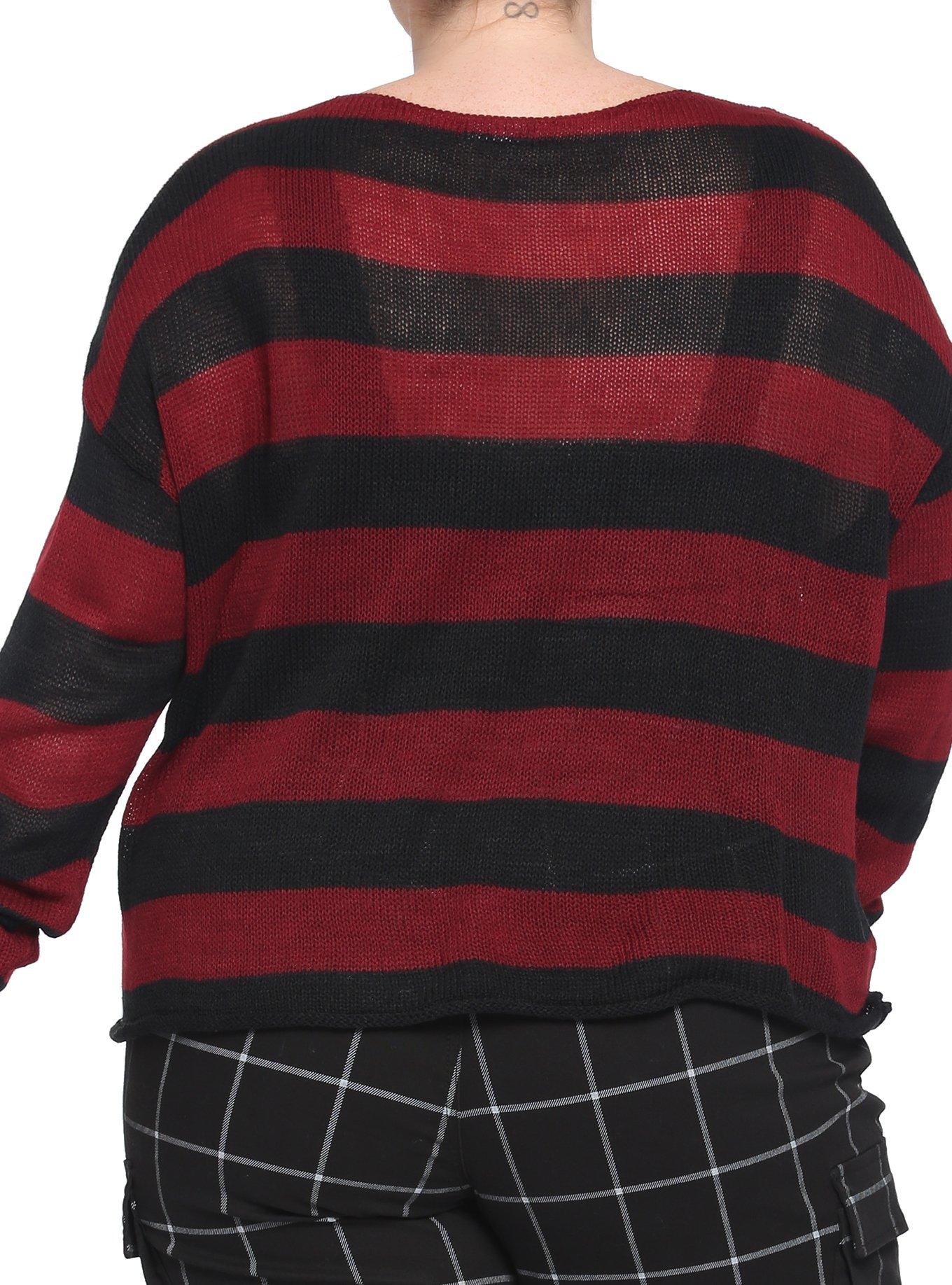 Red & Black Stripe Girls Crop Sweater Plus Size, STRIPES - RED, alternate