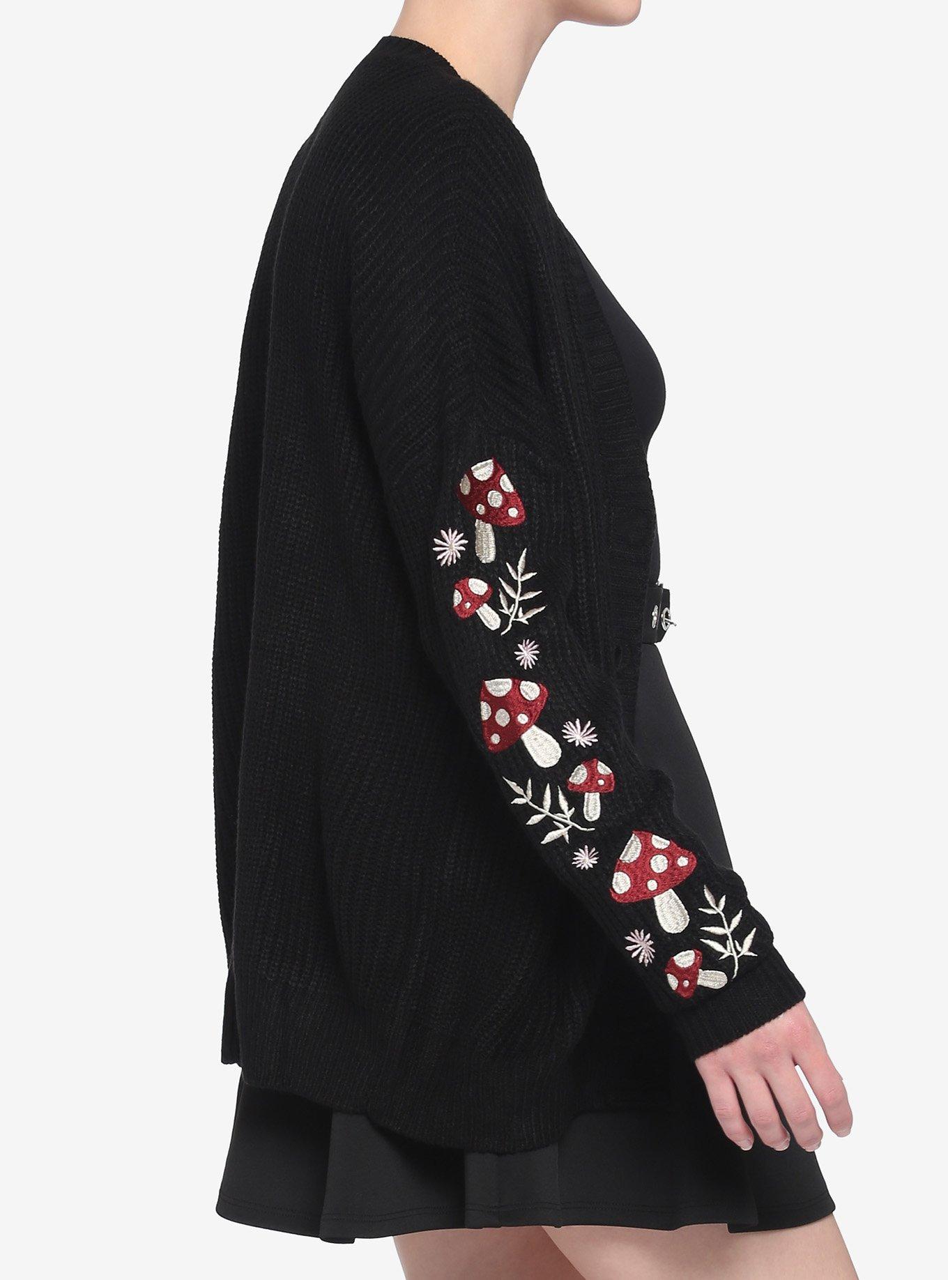 Mushroom Floral Embroidered Girls Cardigan, BLACK, alternate