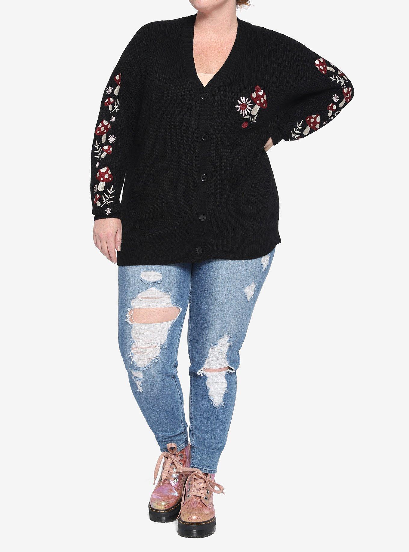 Mushroom Floral Embroidered Girls Cardigan Plus Size, BLACK, alternate