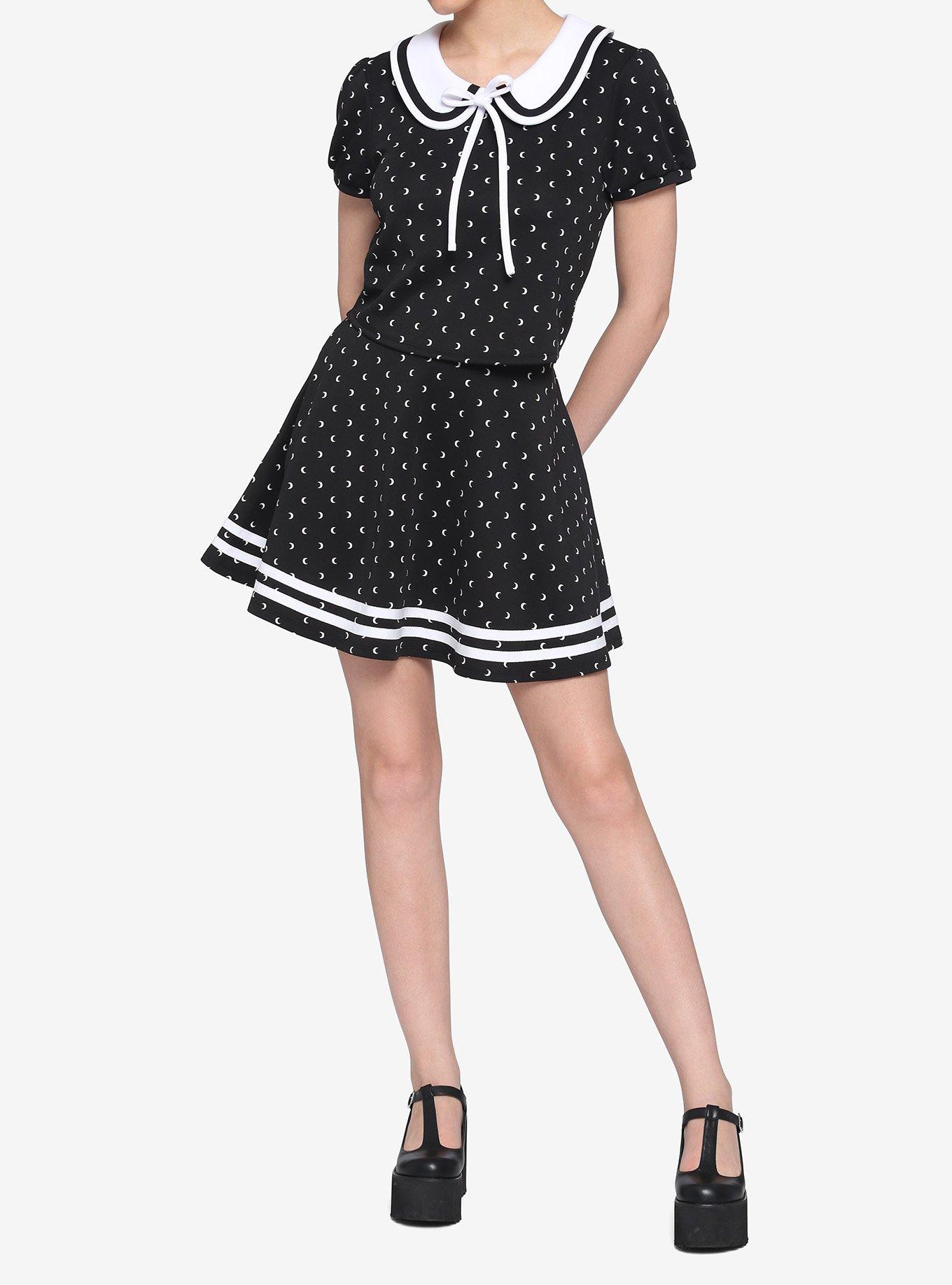 Black & White Moon Girls Collar Top, BLACK, alternate