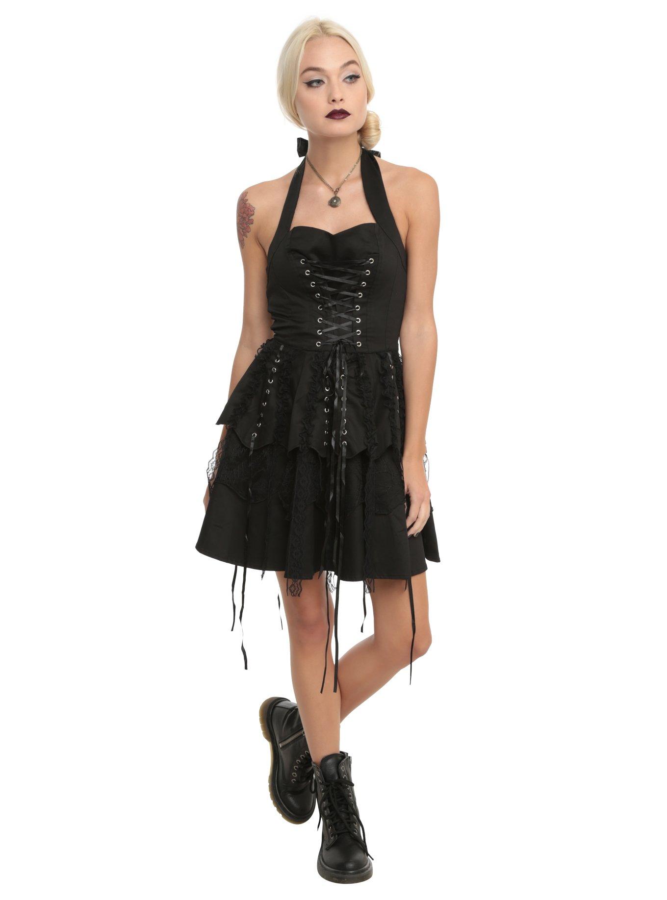 Black Corset Ruffle Dress, BLACK, alternate