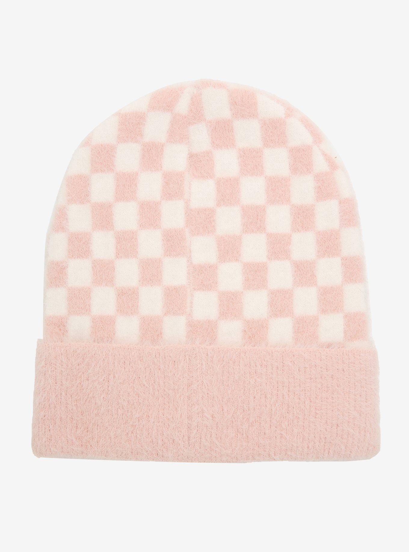 Fuzzy Pink & White Checkered Beanie, , alternate